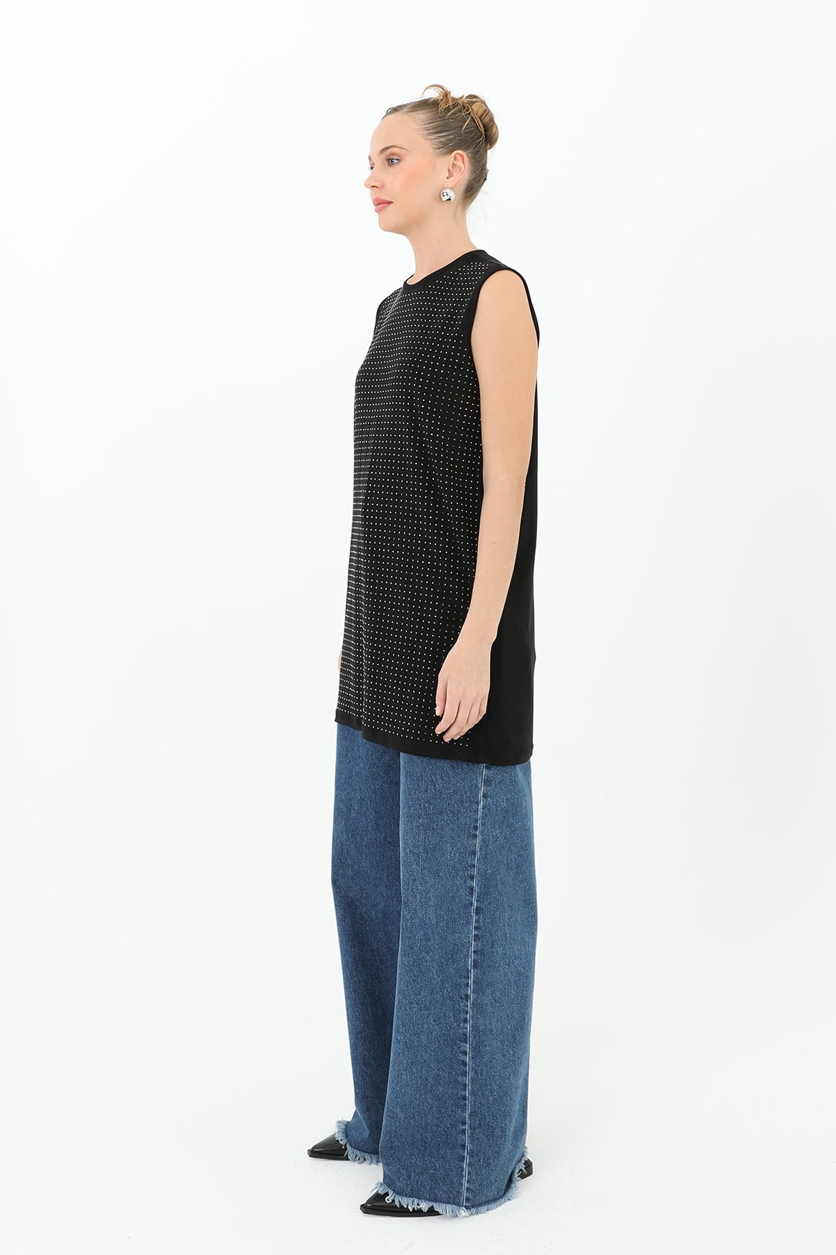 Kadın Sıfır Kol Taşlı Tunik -24S-10525TUN Siyah Tunik Puane 