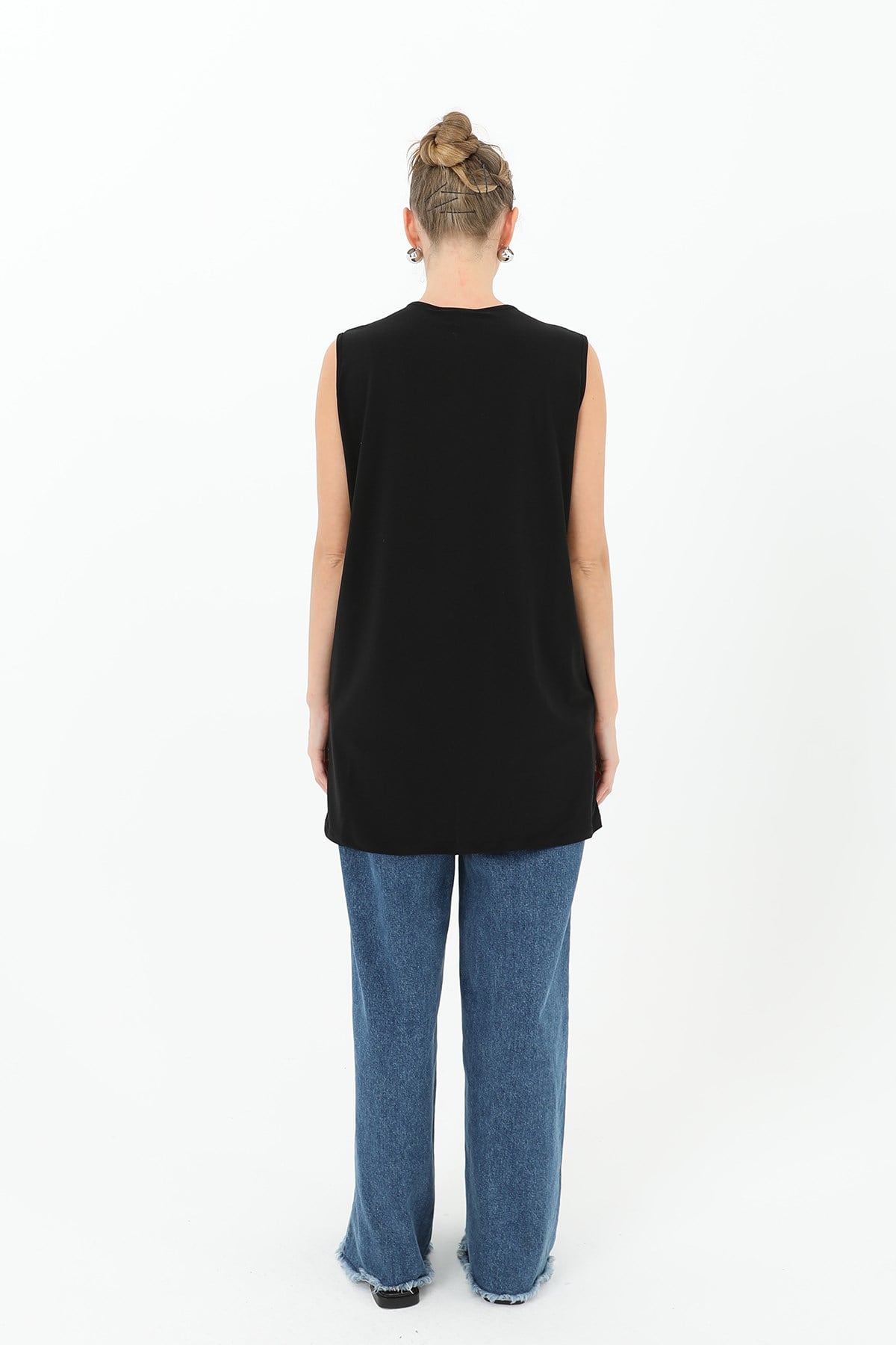 Kadın Sıfır Kol Taşlı Tunik -24S-10525TUN Siyah Tunik Puane 