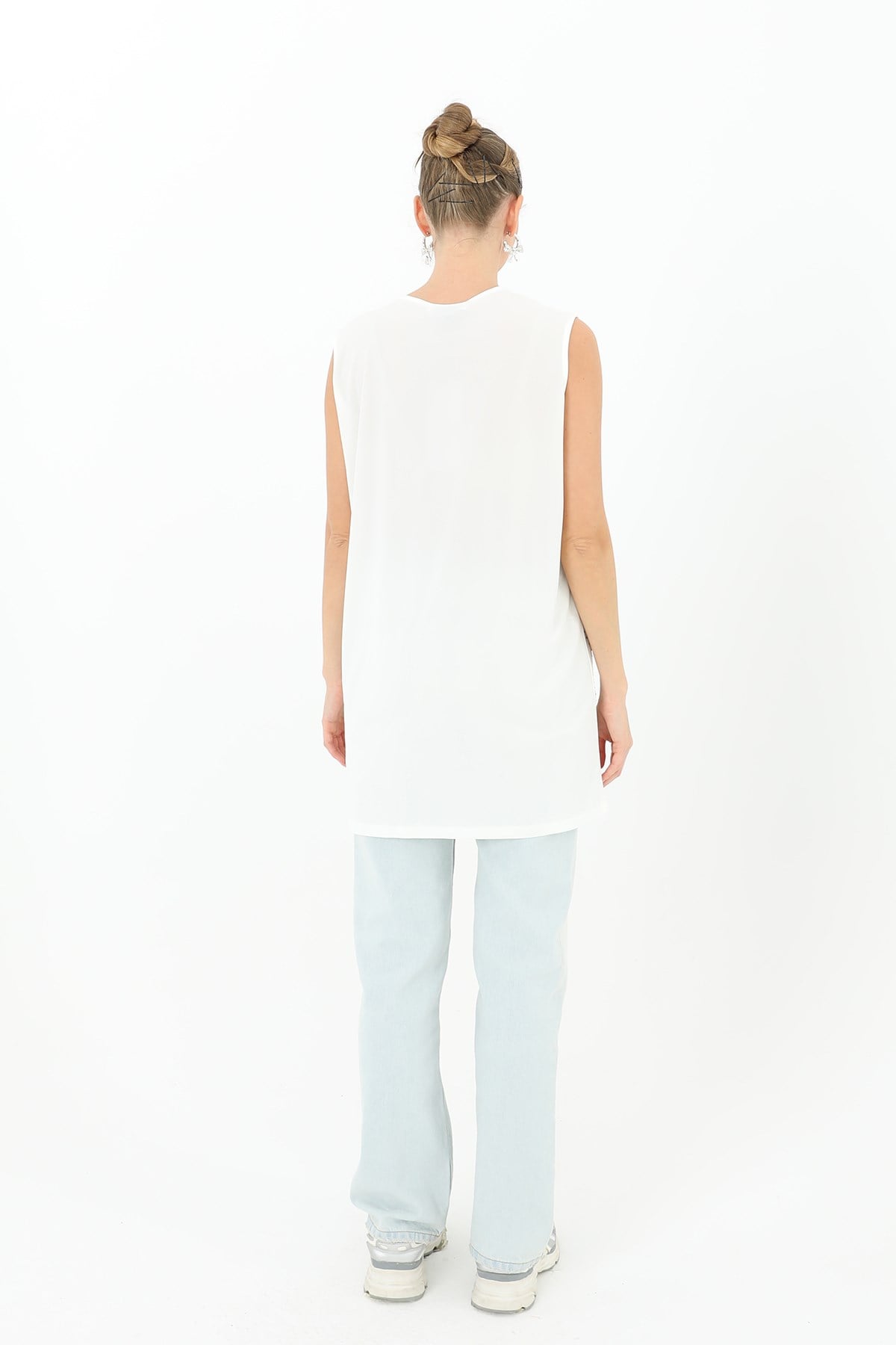 Kadın Sıfır Kol Taşlı Tunik -24S-10525TUN Ekru Tunik Puane 
