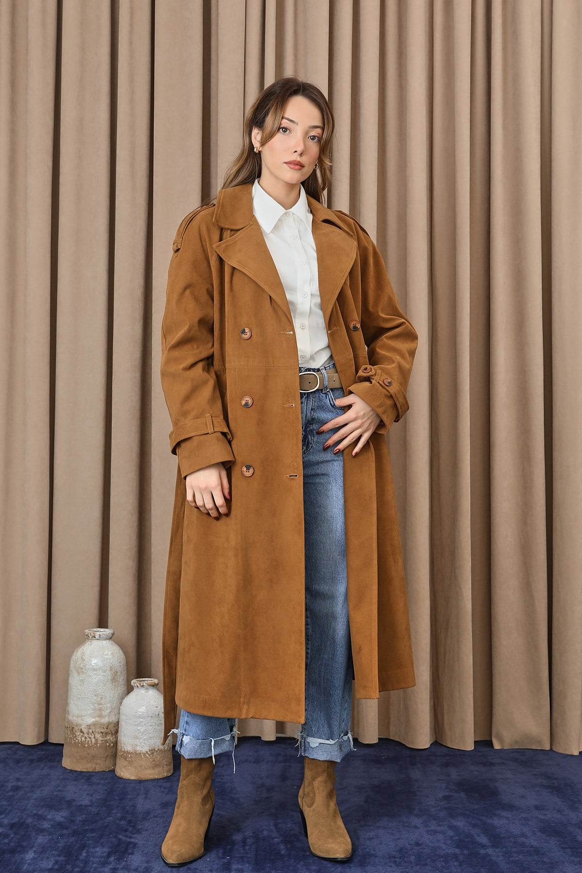 Kadın Süet Trench  -  32407TRC - Deve Tüyü Trençkot Soul 
