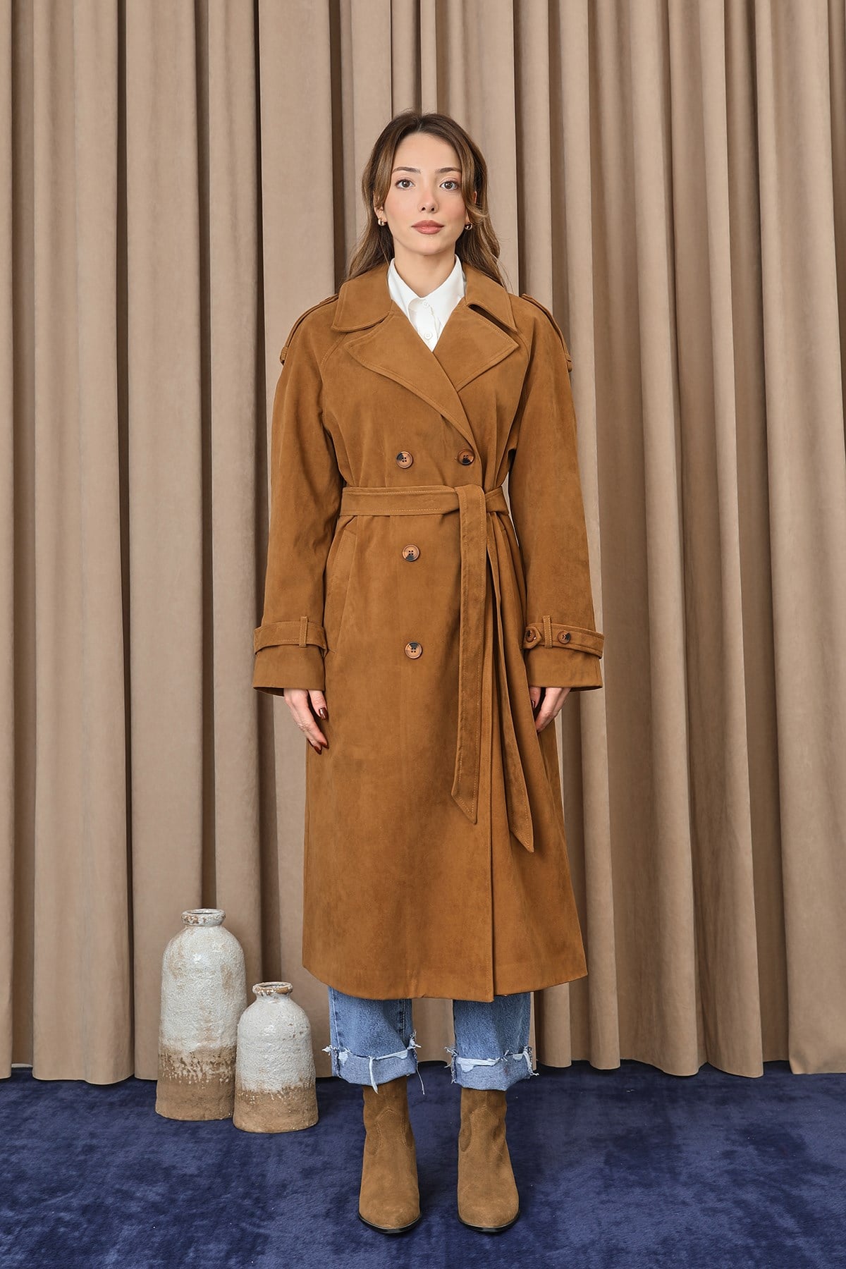 Kadın Süet Trench  -  32407TRC - Deve Tüyü Trençkot Soul 
