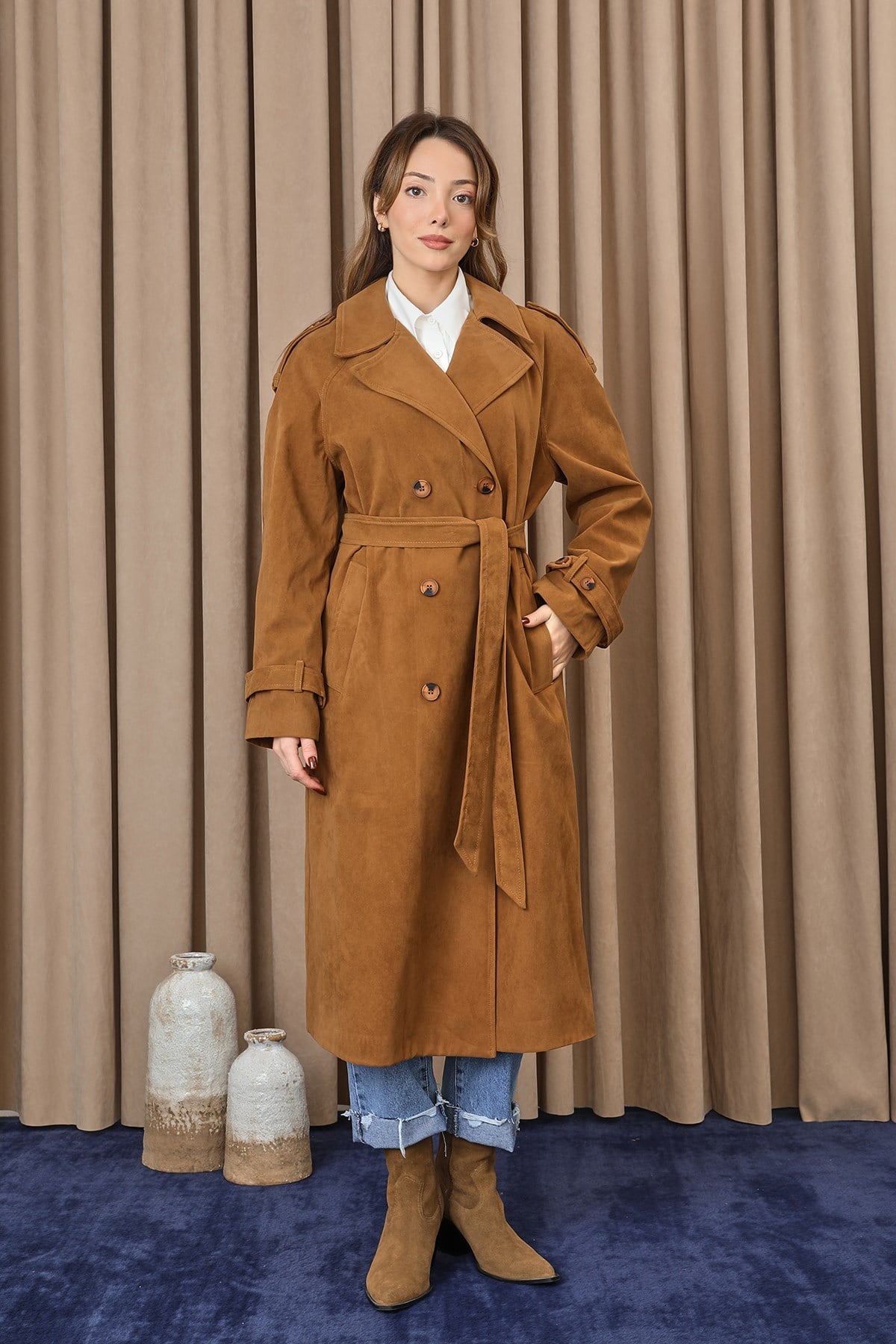 Kadın Süet Trench  -  32407TRC - Deve Tüyü Trençkot Soul 