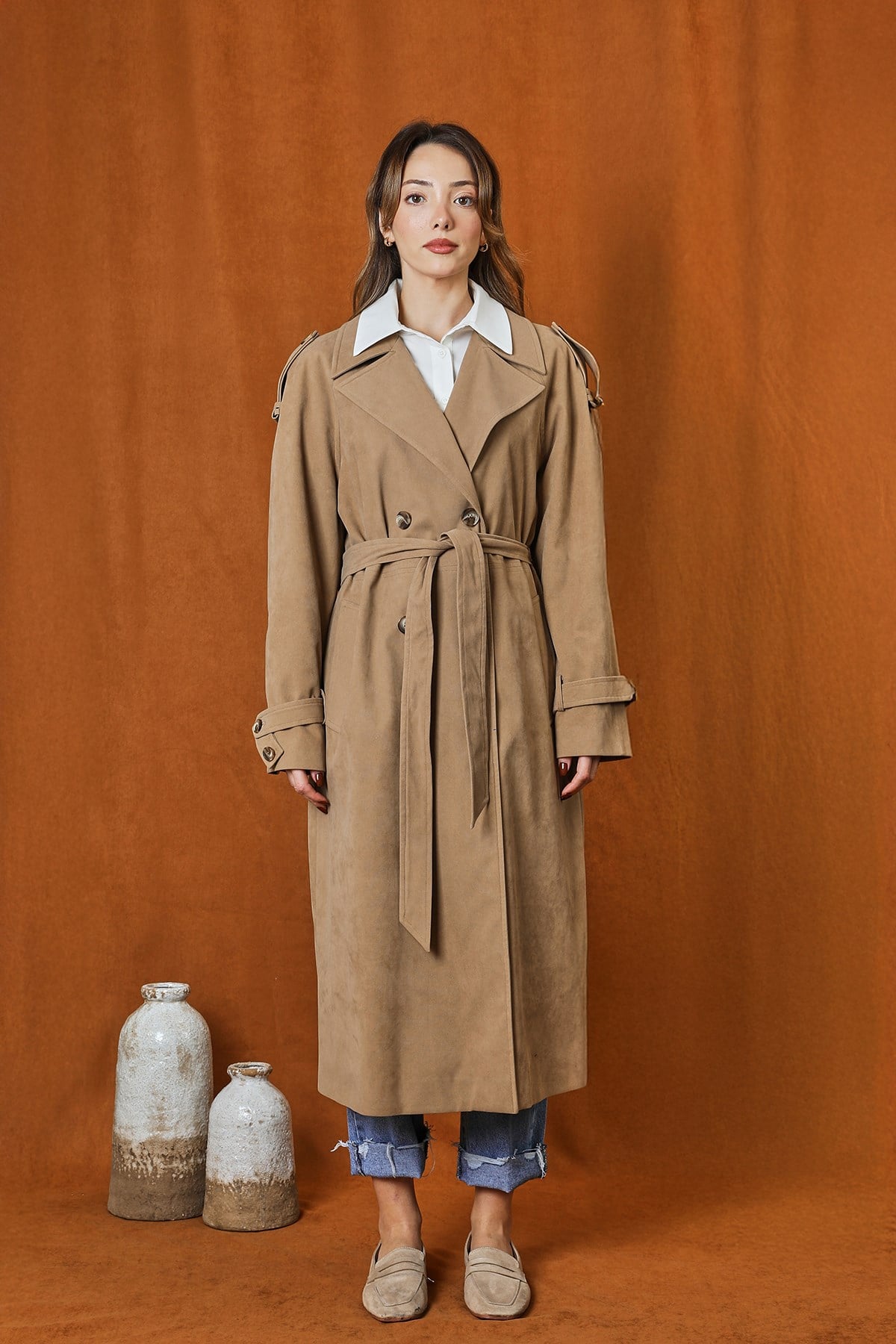 Kadın Süet Trench  -  32407TRC - Vizon Trençkot Soul 