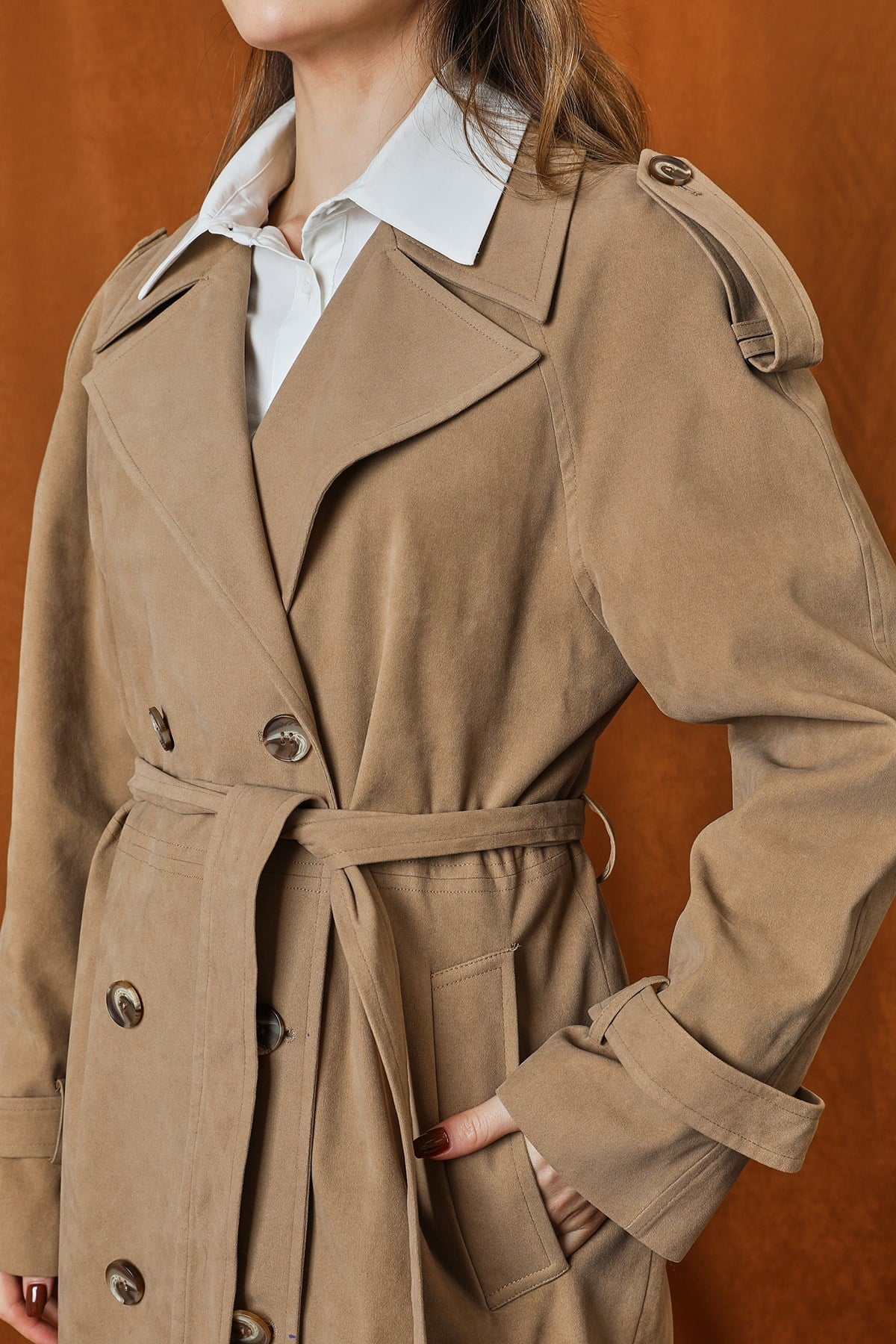 Kadın Süet Trench  -  32407TRC - Vizon Trençkot Soul 