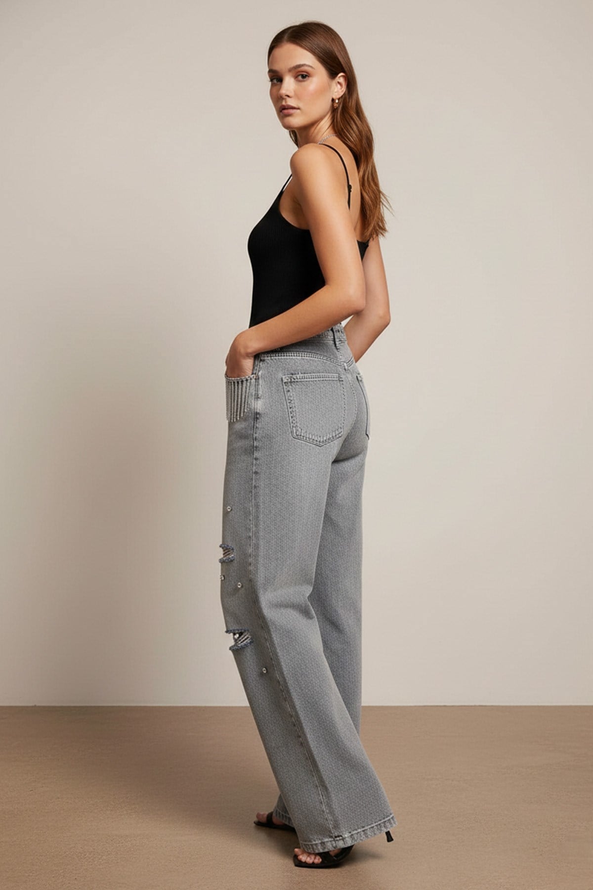 Kadın Taş Detaylı Geniş Paça Pantolon - 31055PNT Açık Mavi Pantolon Soul 