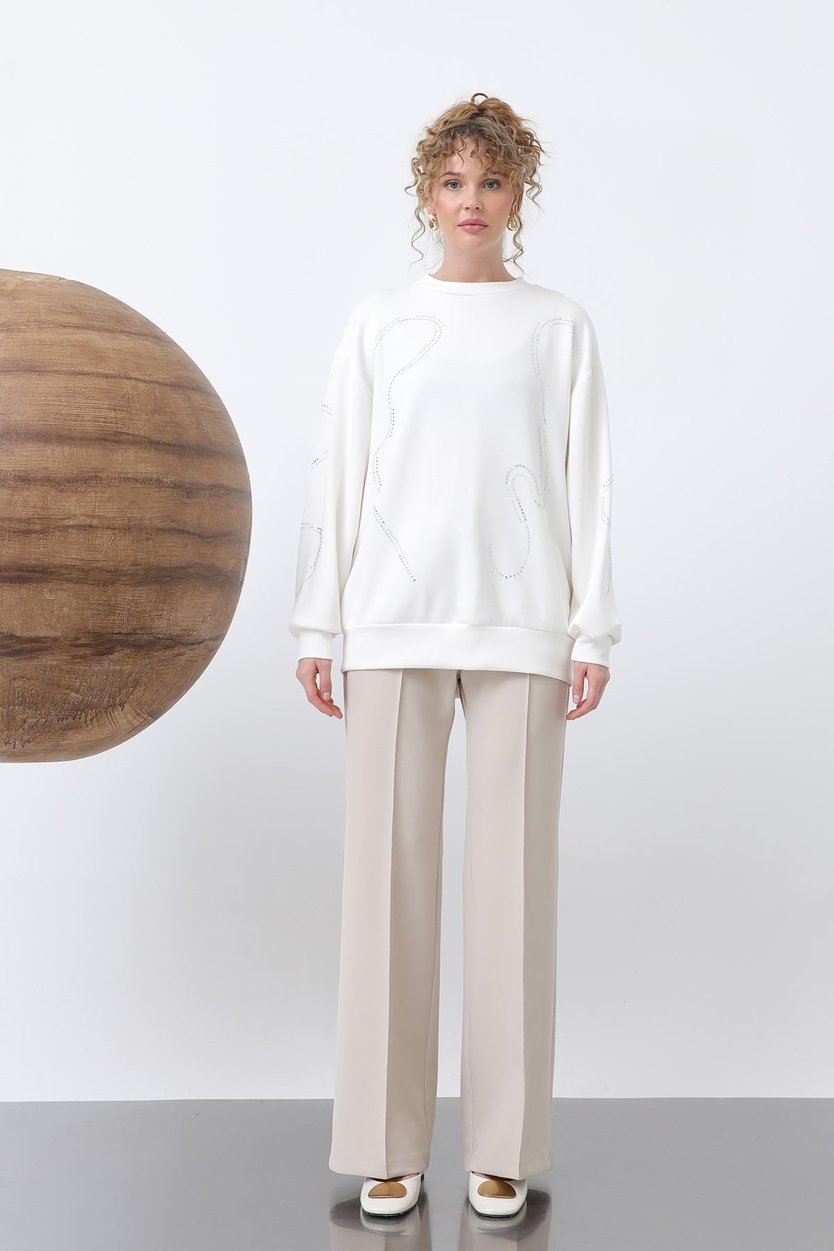 Kadın Taşlı Basic Sweat -32117SWT - Ekru Sweatshirt Soul 