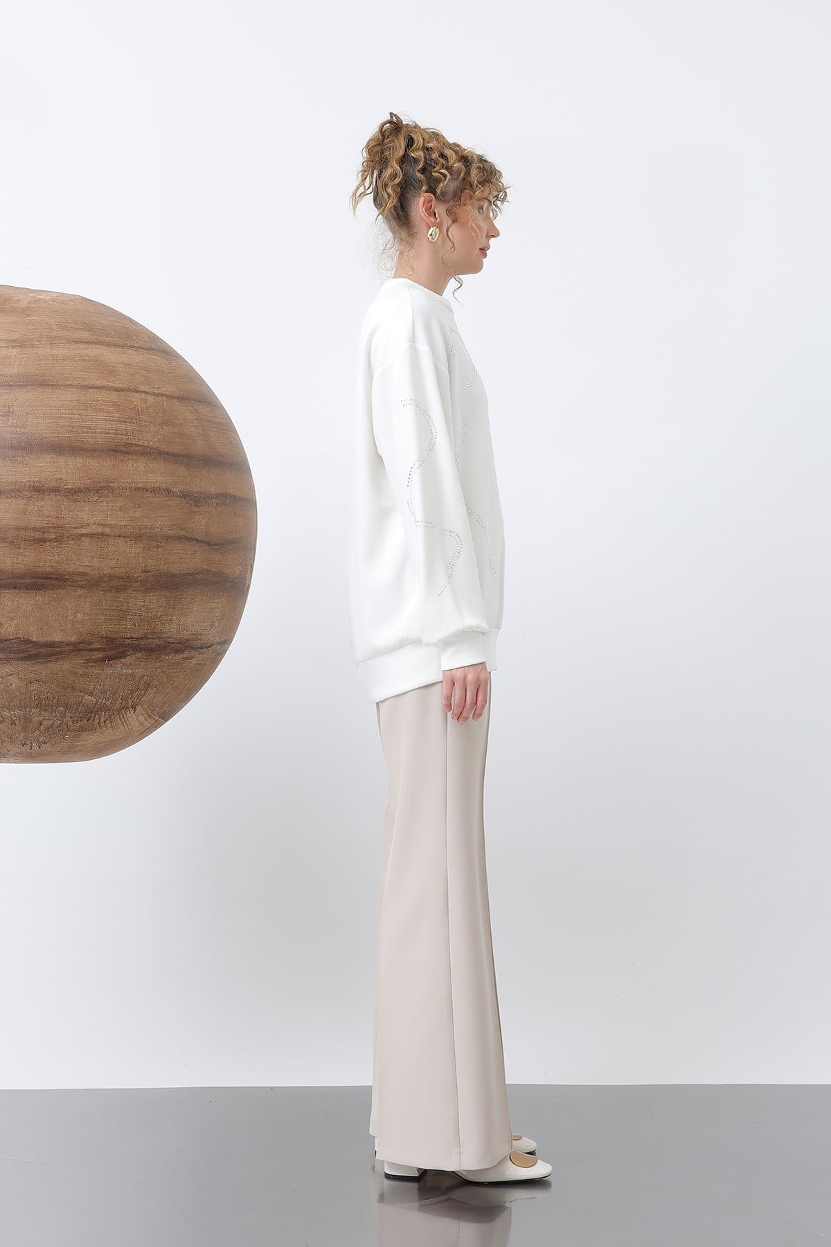Kadın Taşlı Basic Sweat -32117SWT - Ekru Sweatshirt Soul 