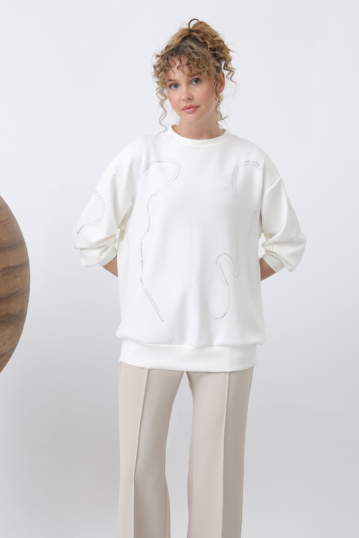 Kadın Taşlı Basic Sweat -32117SWT - Ekru Sweatshirt Soul 