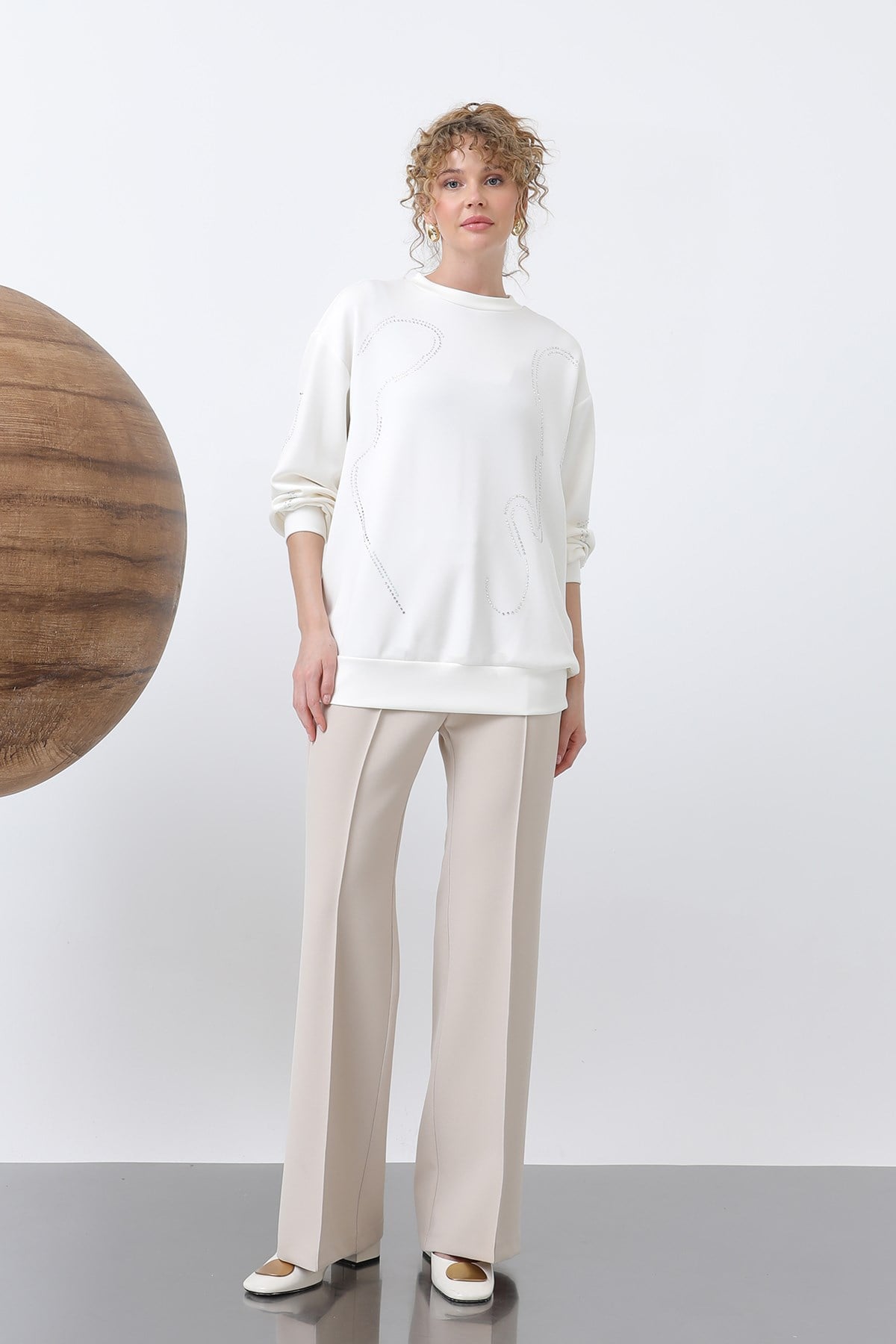 Kadın Taşlı Basic Sweat -32117SWT - Ekru Sweatshirt Soul 
