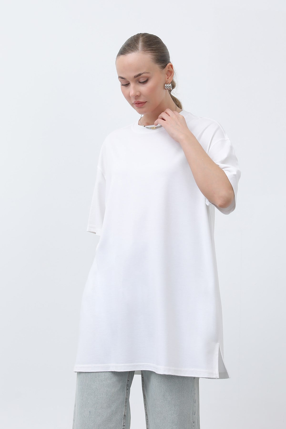 Kadın Uzun Bol Kesim Tshirt - 40009TSH - Ekru Tshirt Puane 