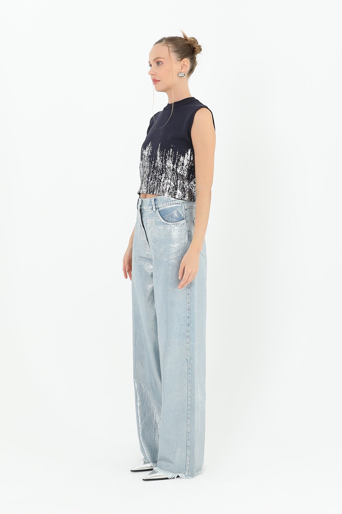 Kadın Varak Baskılı Kolsuz Crop Top  - 31721CRP - Lacivert Crop Top Soul 