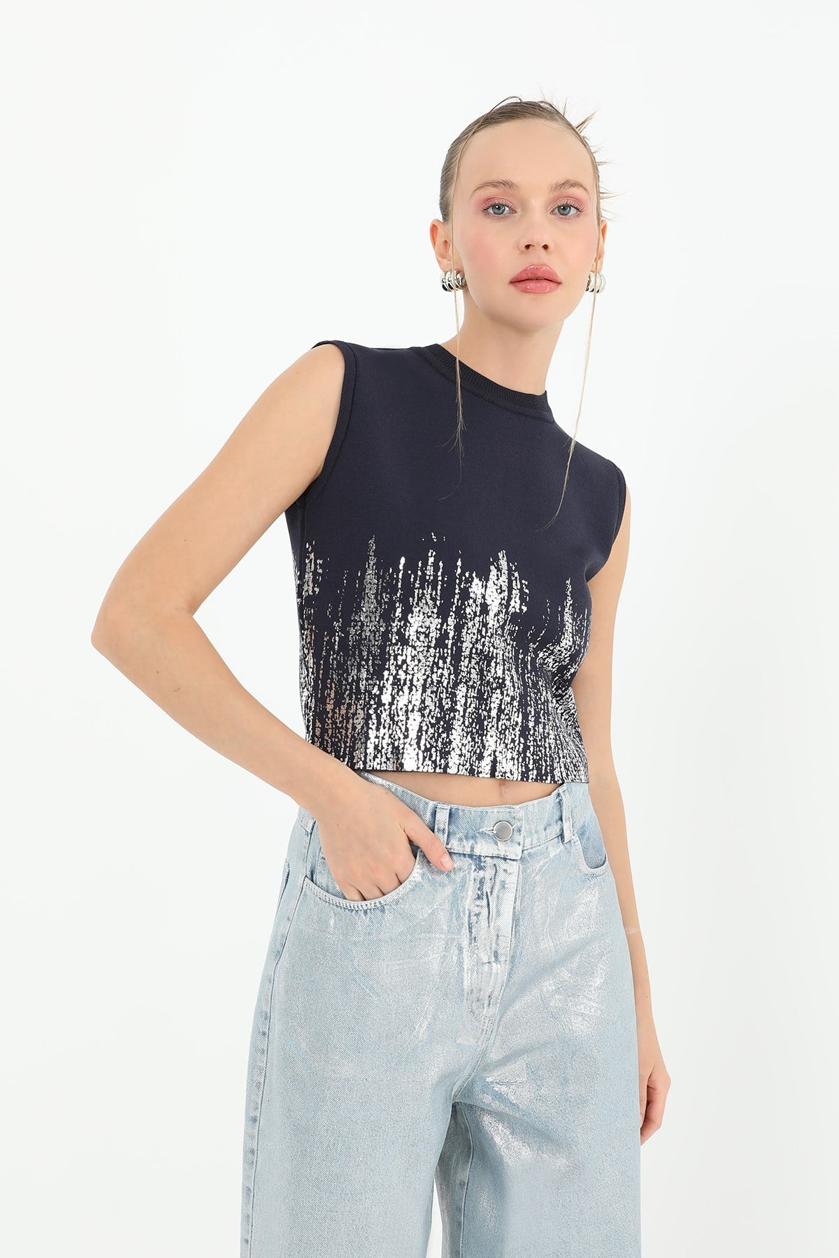 Kadın Varak Baskılı Kolsuz Crop Top  - 31721CRP - Lacivert Crop Top Soul 