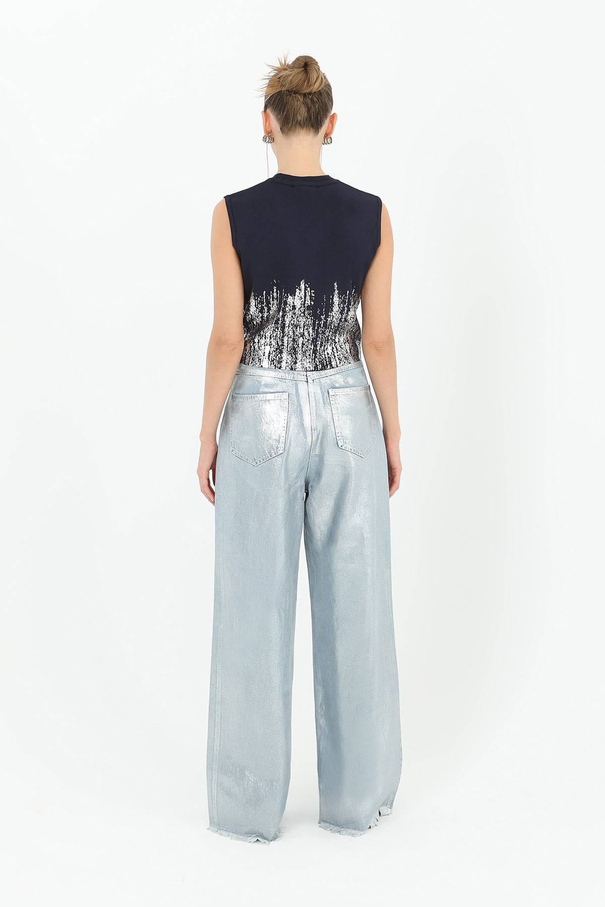 Kadın Varak Baskılı Kolsuz Crop Top  - 31721CRP - Lacivert Crop Top Soul 