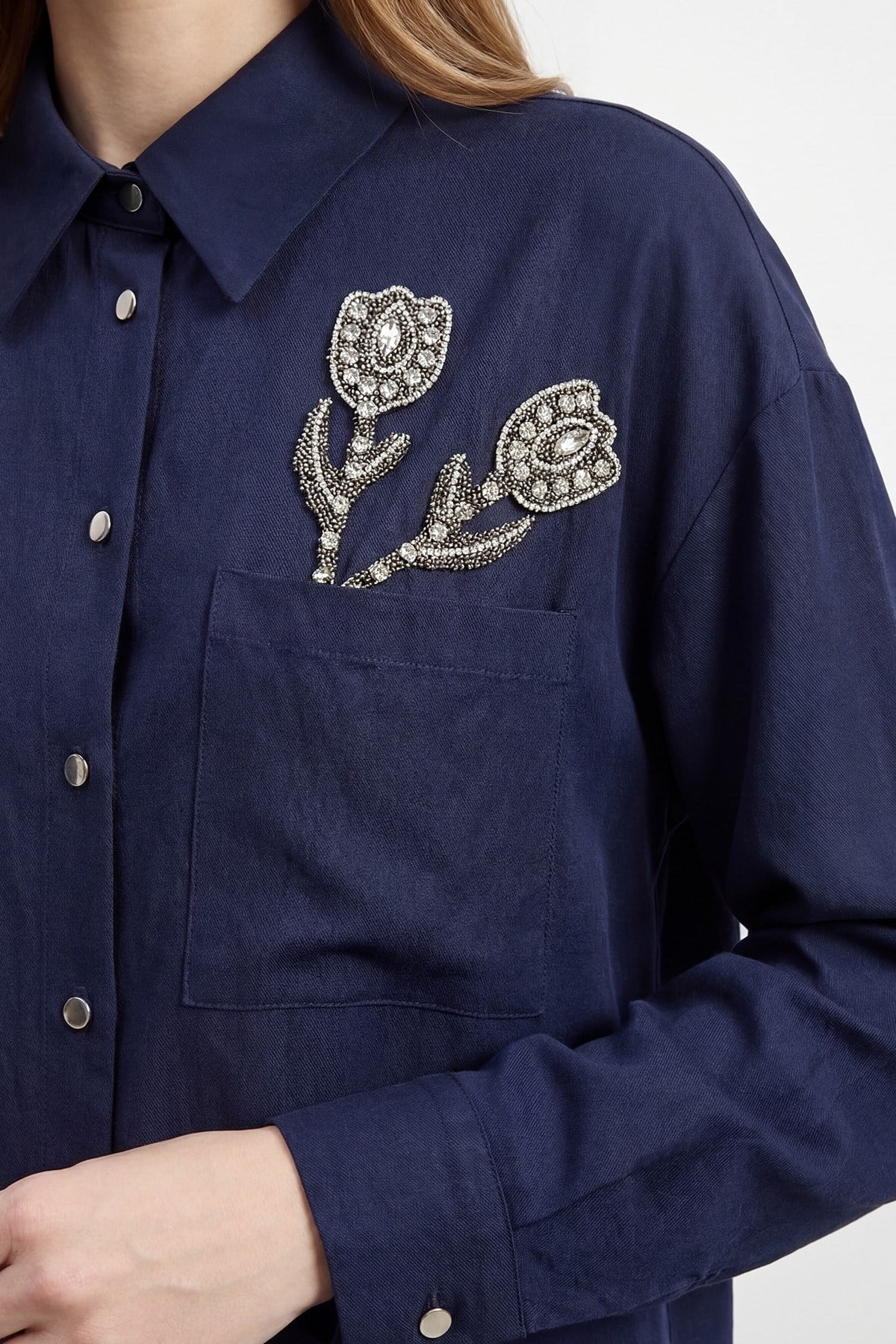 Kadın Yaka Taş İşleme Detaylı Denim Takım-14435TKS - Lacivert İkili Takımlar Puane 