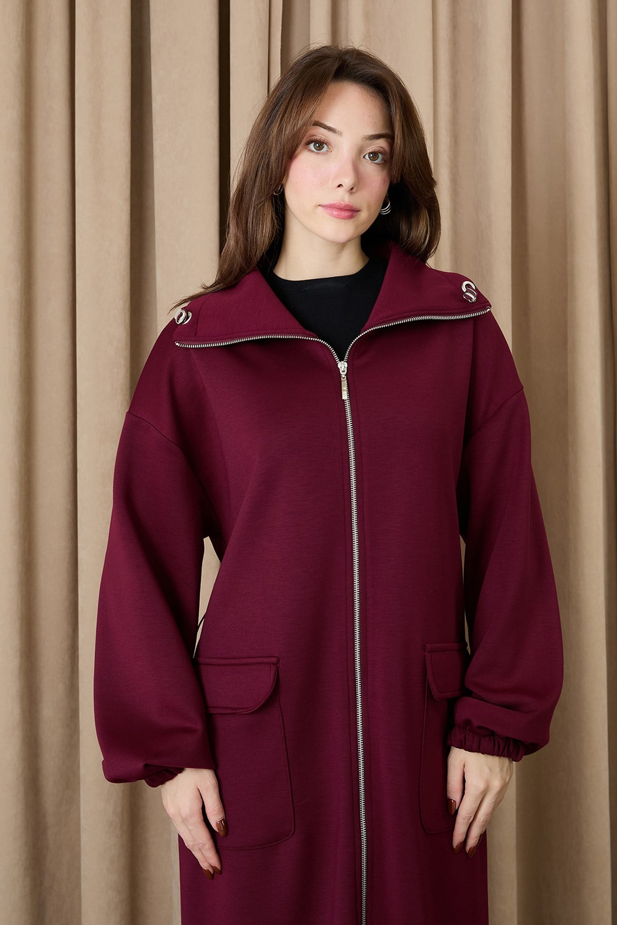 Kadın Yakası Ve Arka Belden Tünelli Basic Kap - 15225MNT Bordo Mont Puane 
