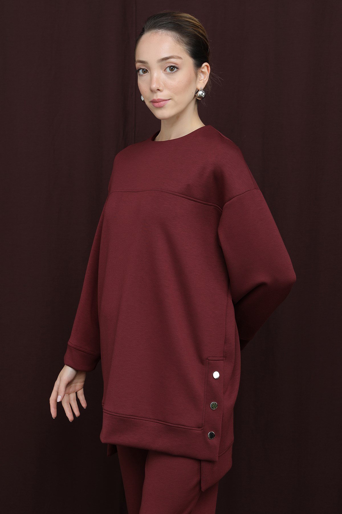 Kadın Yanları Çıtçıt Detaylı Yırtmaçlı Basic Takım - 14384TKS - Bordo Eşofman Takım Puane 