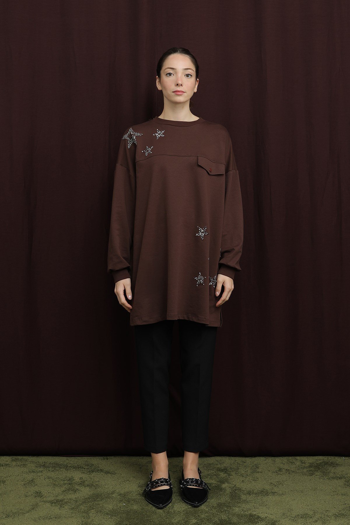 Kadın Yıldız Detaylı Basic Tunik - 10736TUN - Kahverengi Tunik Puane 
