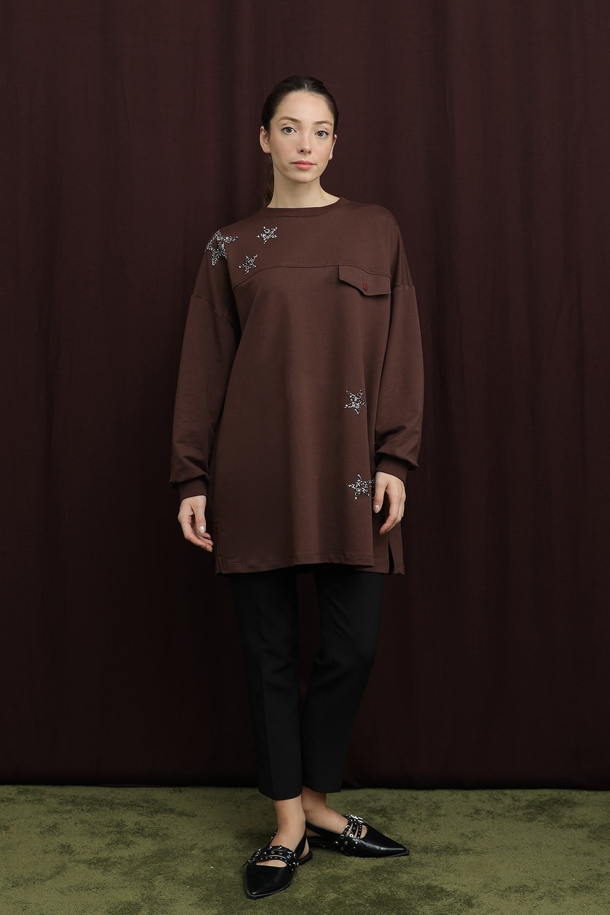 Kadın Yıldız Detaylı Basic Tunik - 10736TUN - Kahverengi Tunik Puane 