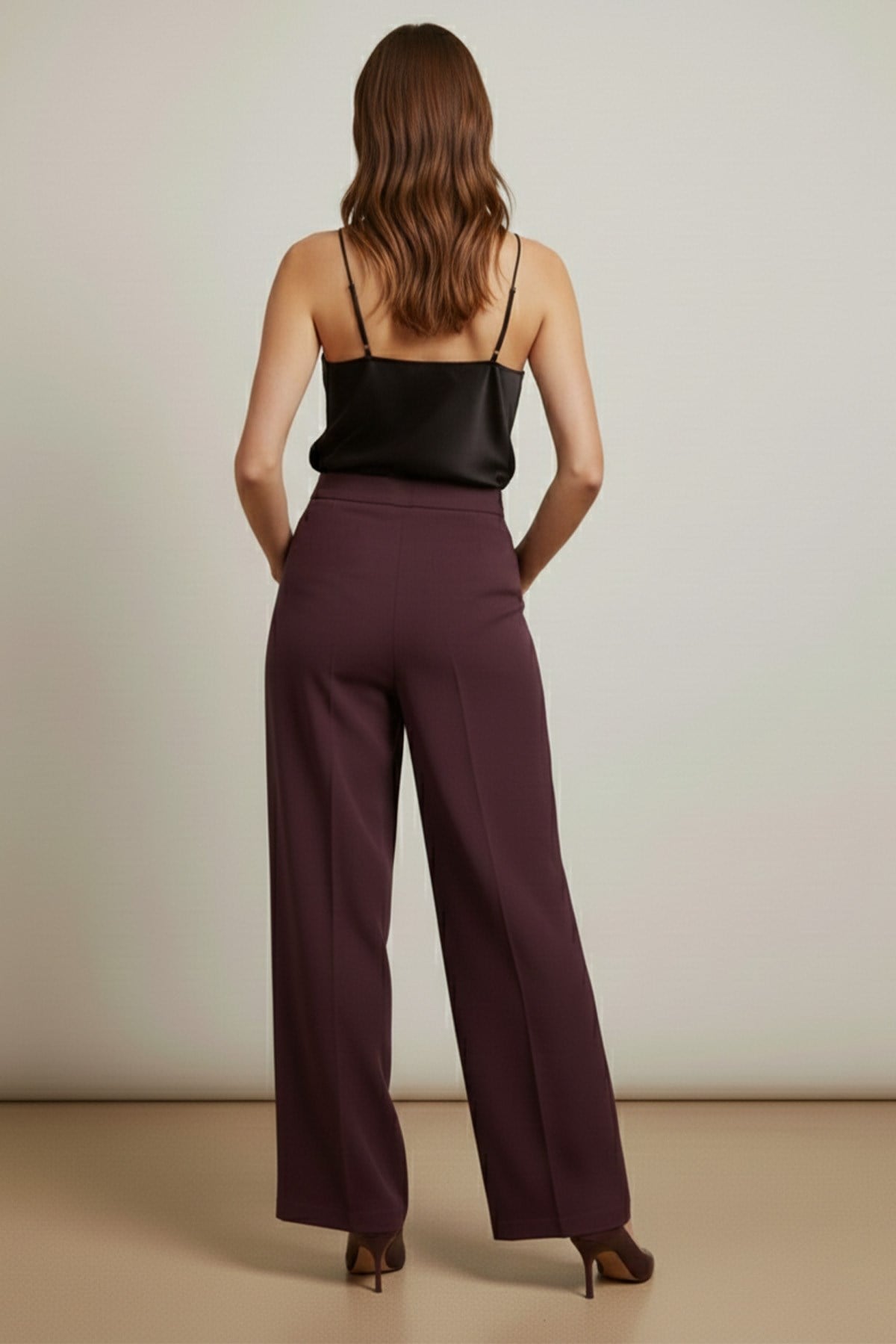 Kadın Yüksek Bel Geniş Paça Kumaş Pantolon -18289PNT - Bordo Pantolon Puane 