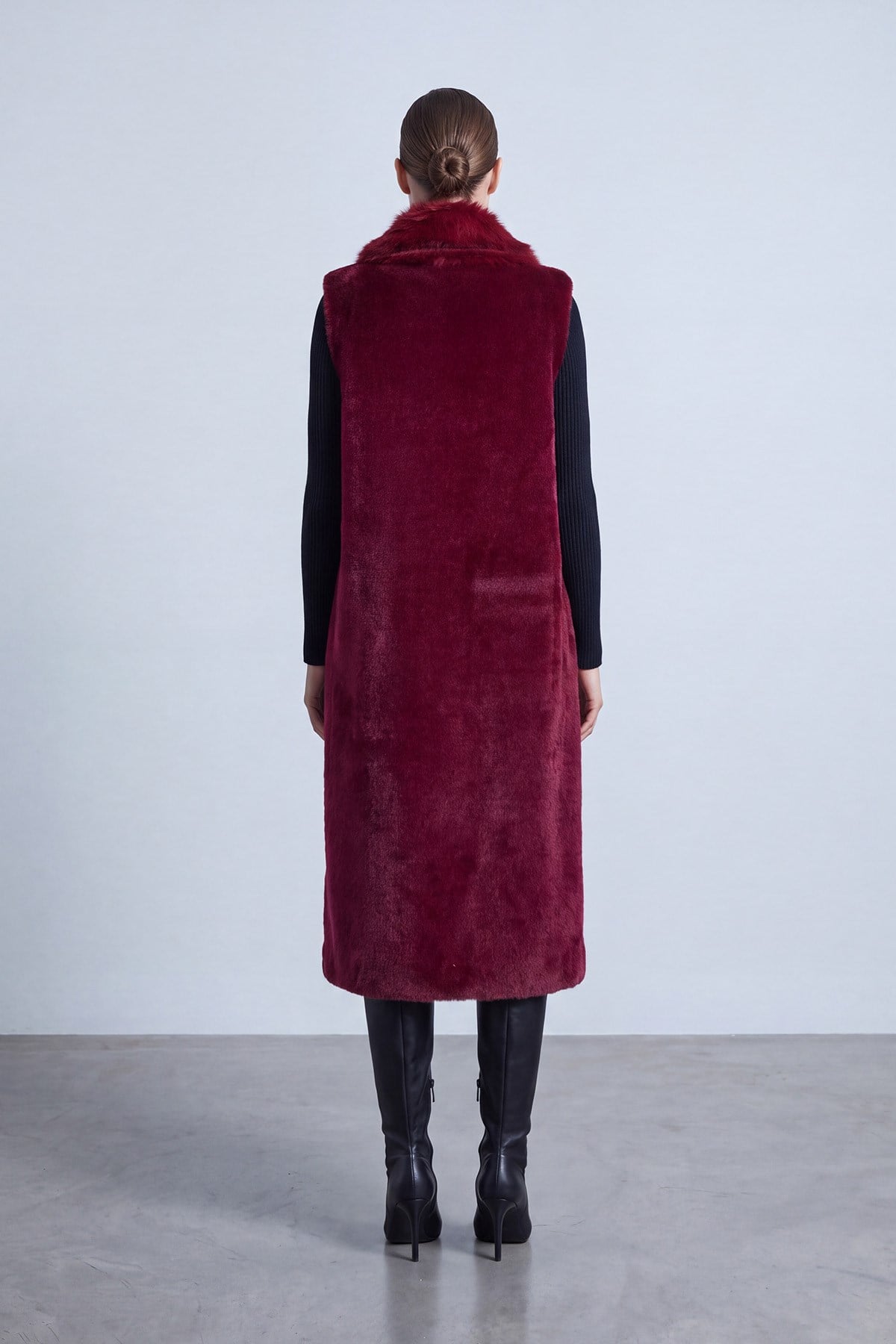 Kürk Görünümlü Fermuarlı Uzun  Yelek Bordo Yelek Puane 