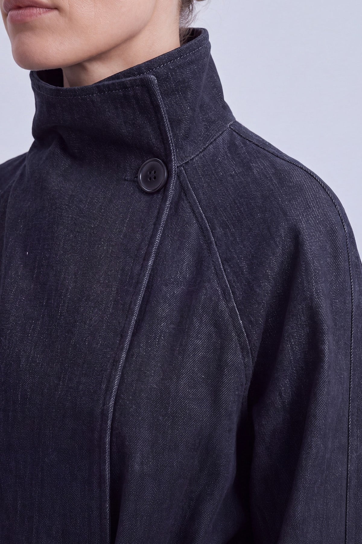 Kuşaklı Dik Yaka Kısa Denim Trençkot Lacivert Trençkot Puane 