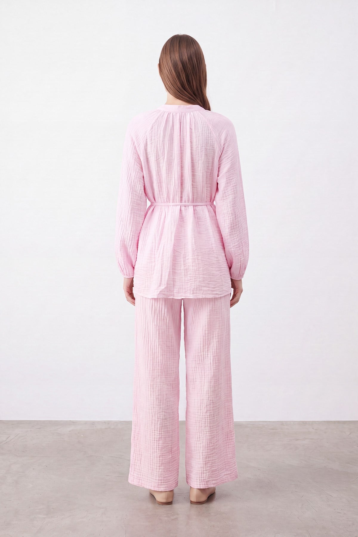Kuşaklı Tunik ve Geniş Paça Pantolon Takımı - Pembe Eşofman Takım Loreen 