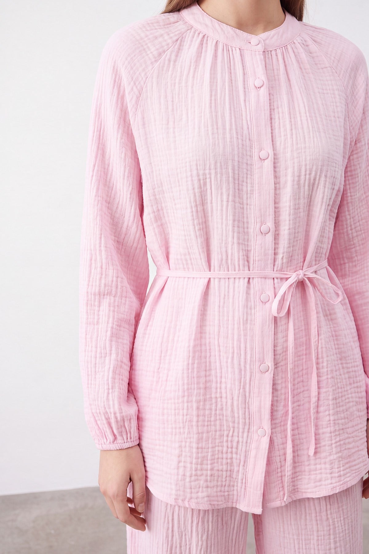 Kuşaklı Tunik ve Geniş Paça Pantolon Takımı - Pembe Eşofman Takım Loreen 