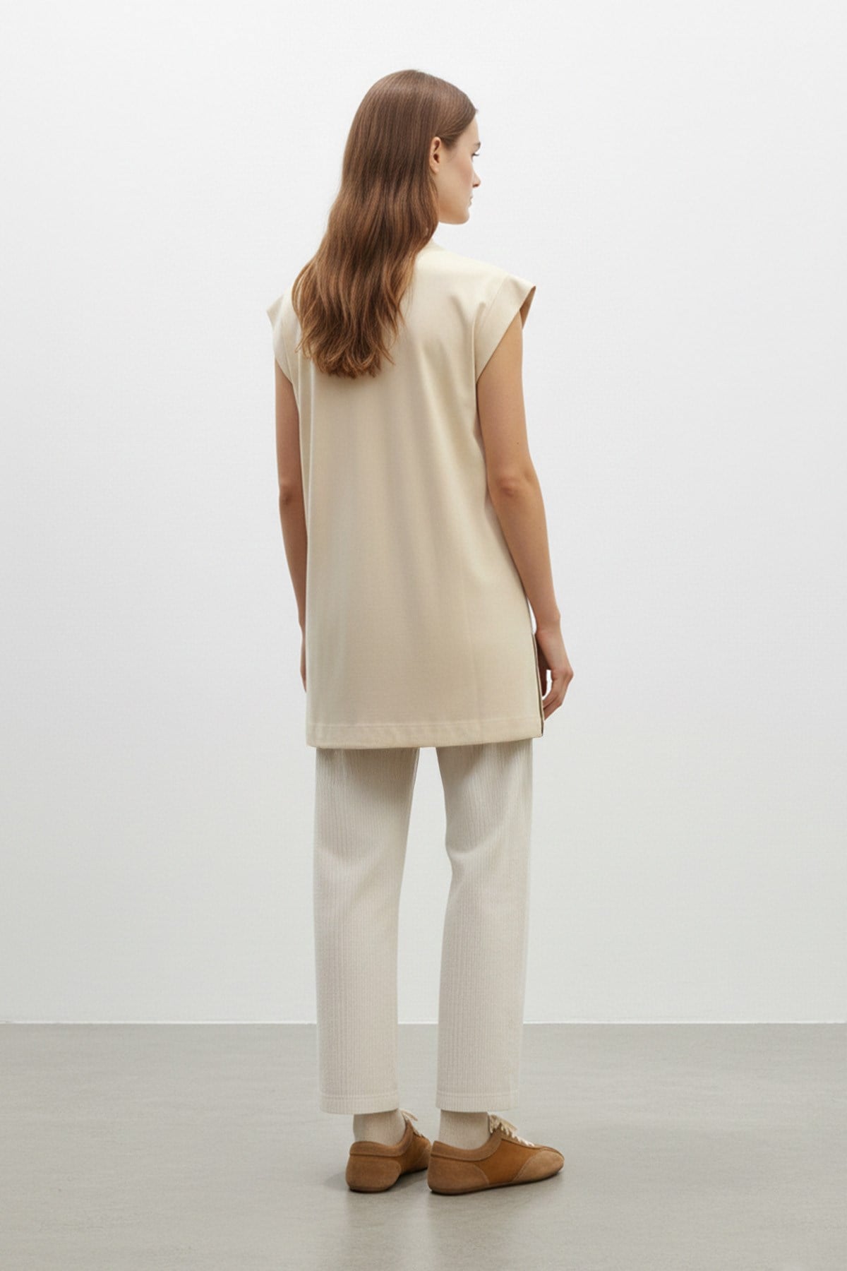 Minimal Kesim Oversize T-Shirt-40016 - Bej Tshirt Puane 