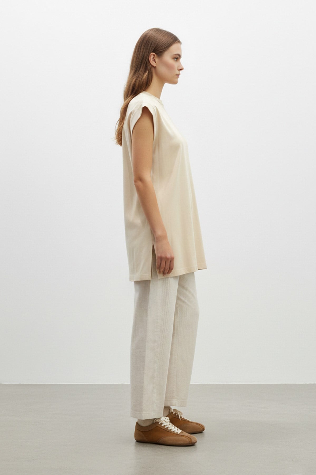 Minimal Kesim Oversize T-Shirt-40016 - Bej Tshirt Puane 