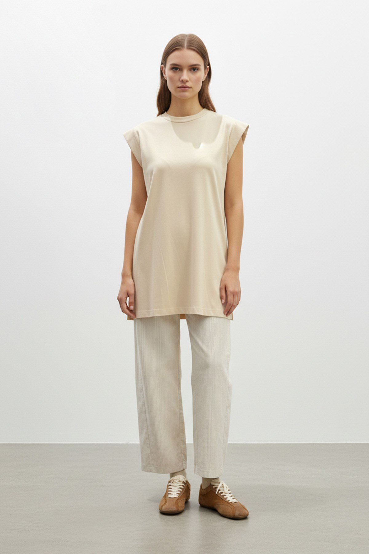 Minimal Kesim Oversize T-Shirt-40016 - Bej Tshirt Puane 