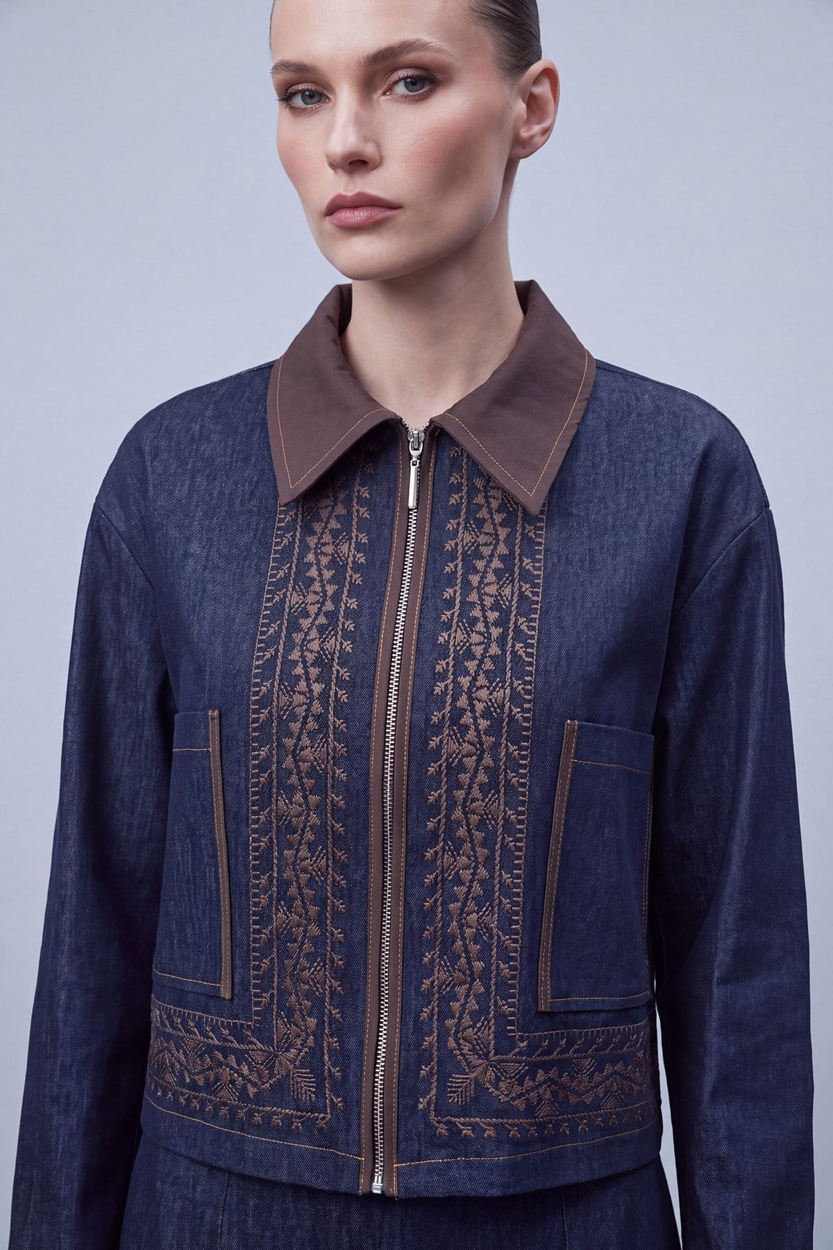 Nakış Detaylı Denim Ceket Etek Takım Lacivert İkili Takımlar Soul 