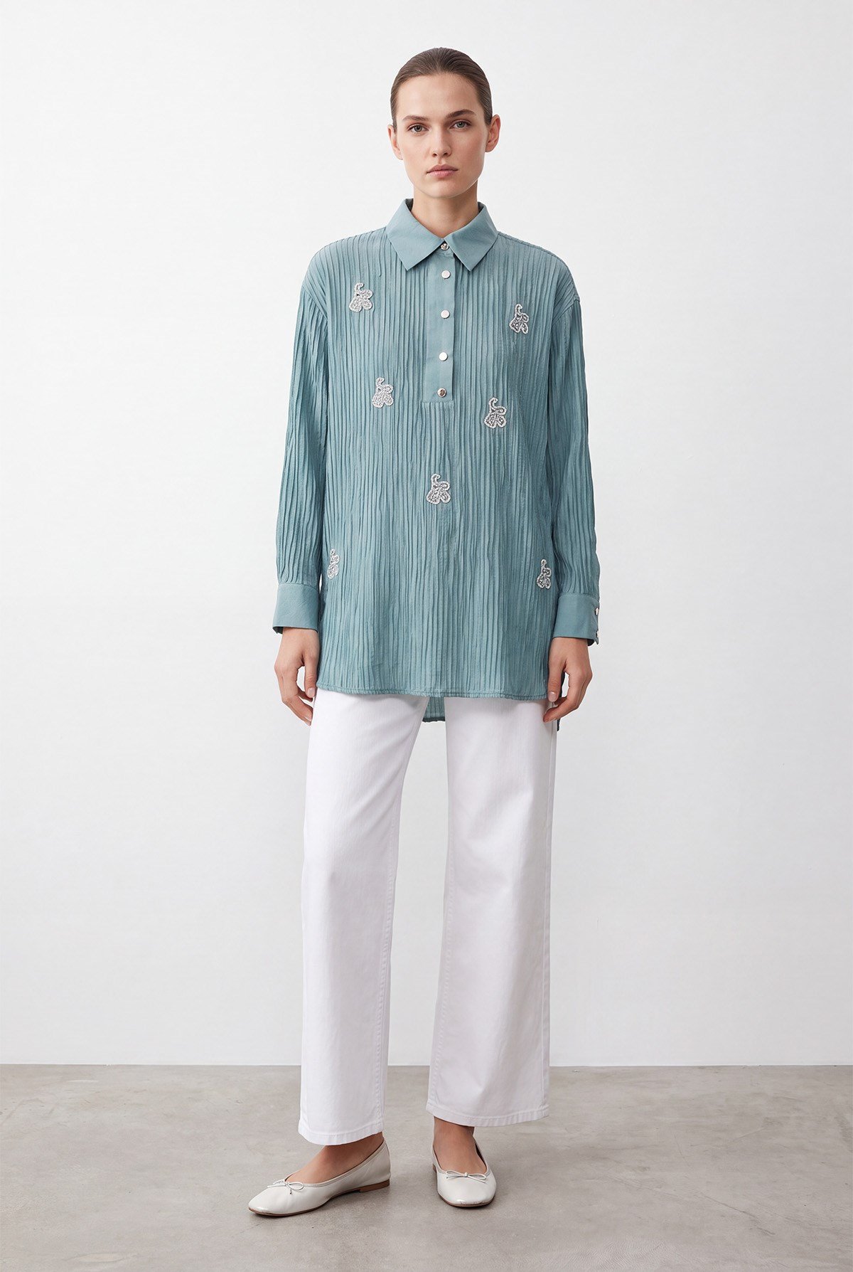 Nakış Detaylı Kırışık Dokulu Tunik -10789TUN - Mint Yeşili Tunik Puane 