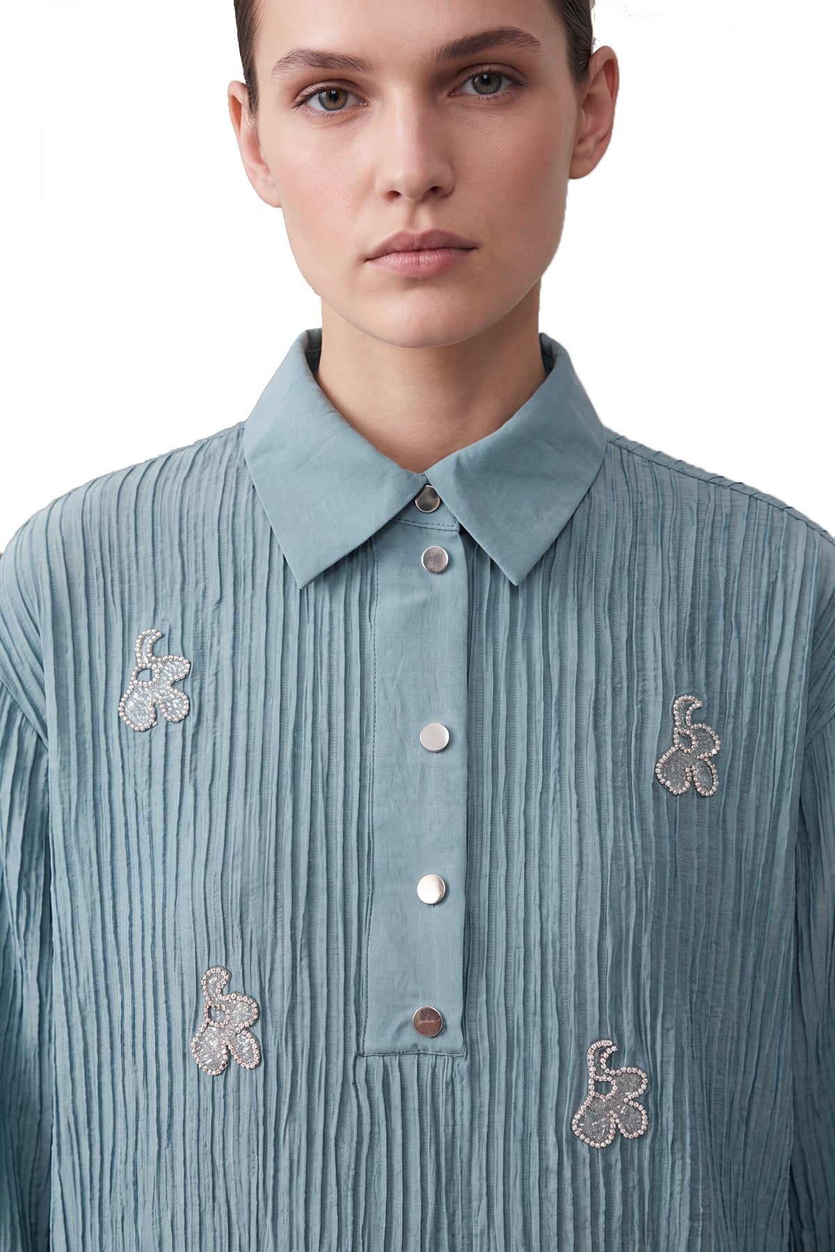 Nakış Detaylı Kırışık Dokulu Tunik -10789TUN - Mint Yeşili Tunik Puane 