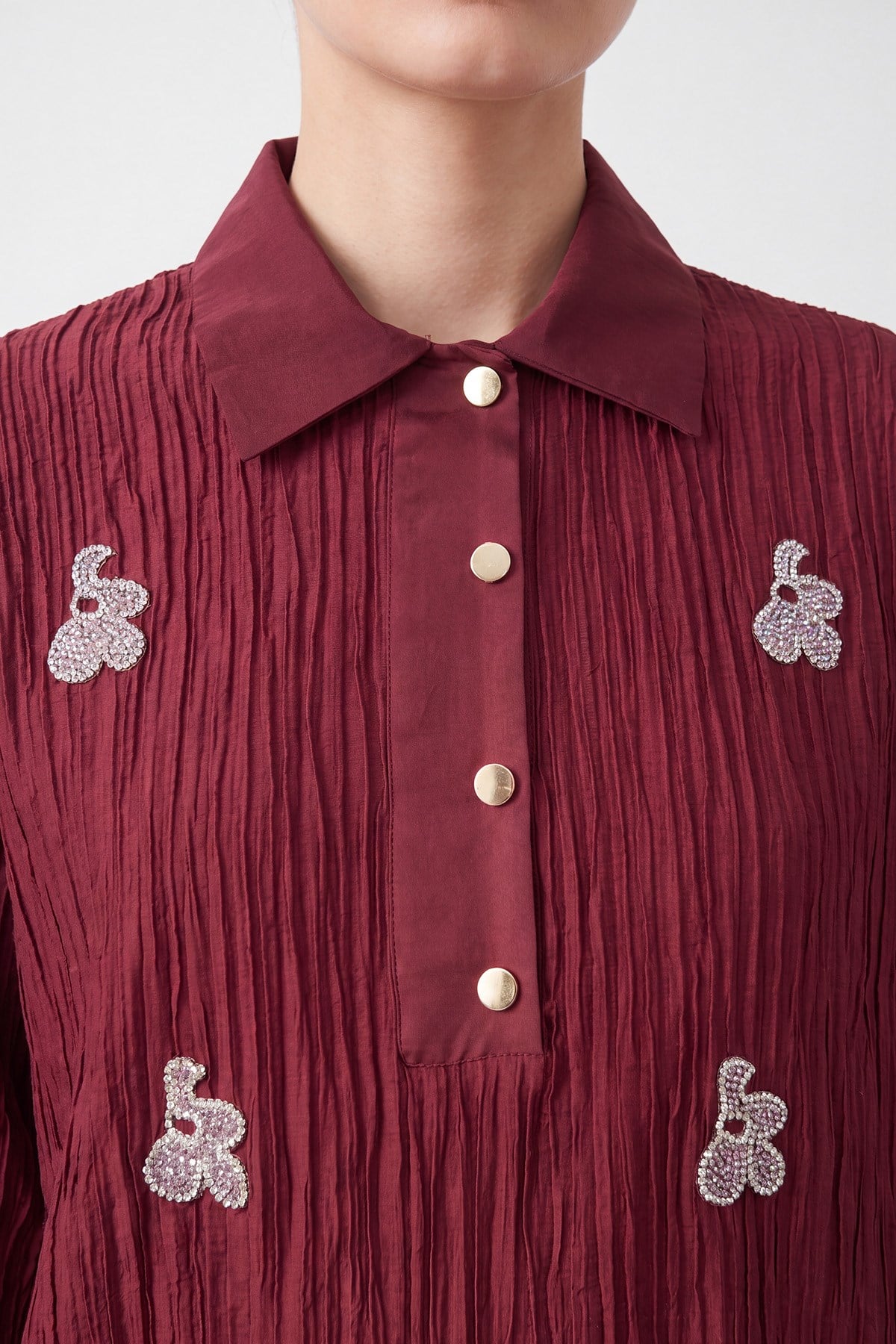 Nakış Detaylı Kırışık Dokulu Tunik -10789TUN - Bordo Tunik Puane 