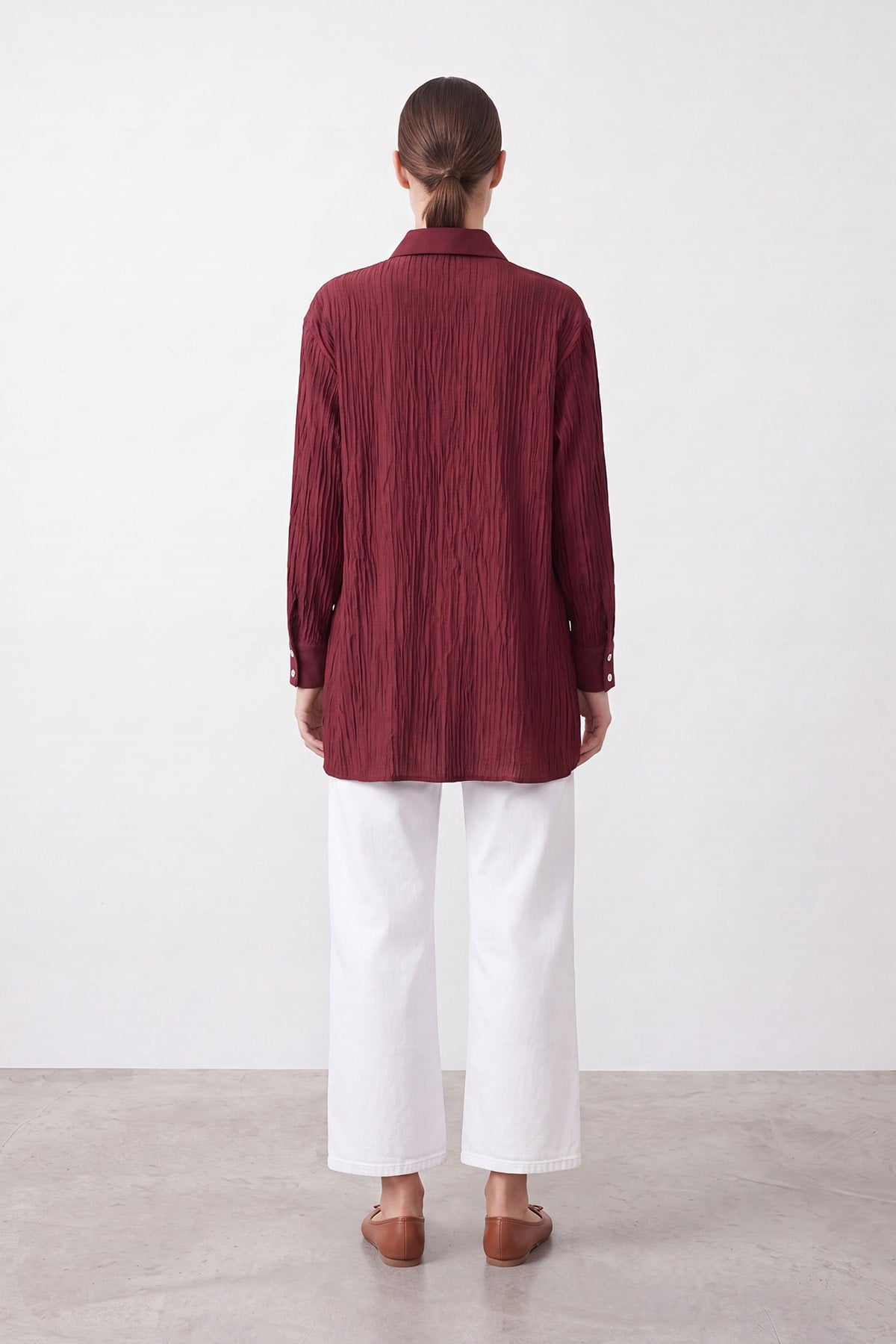 Nakış Detaylı Kırışık Dokulu Tunik -10789TUN - Bordo Tunik Puane 