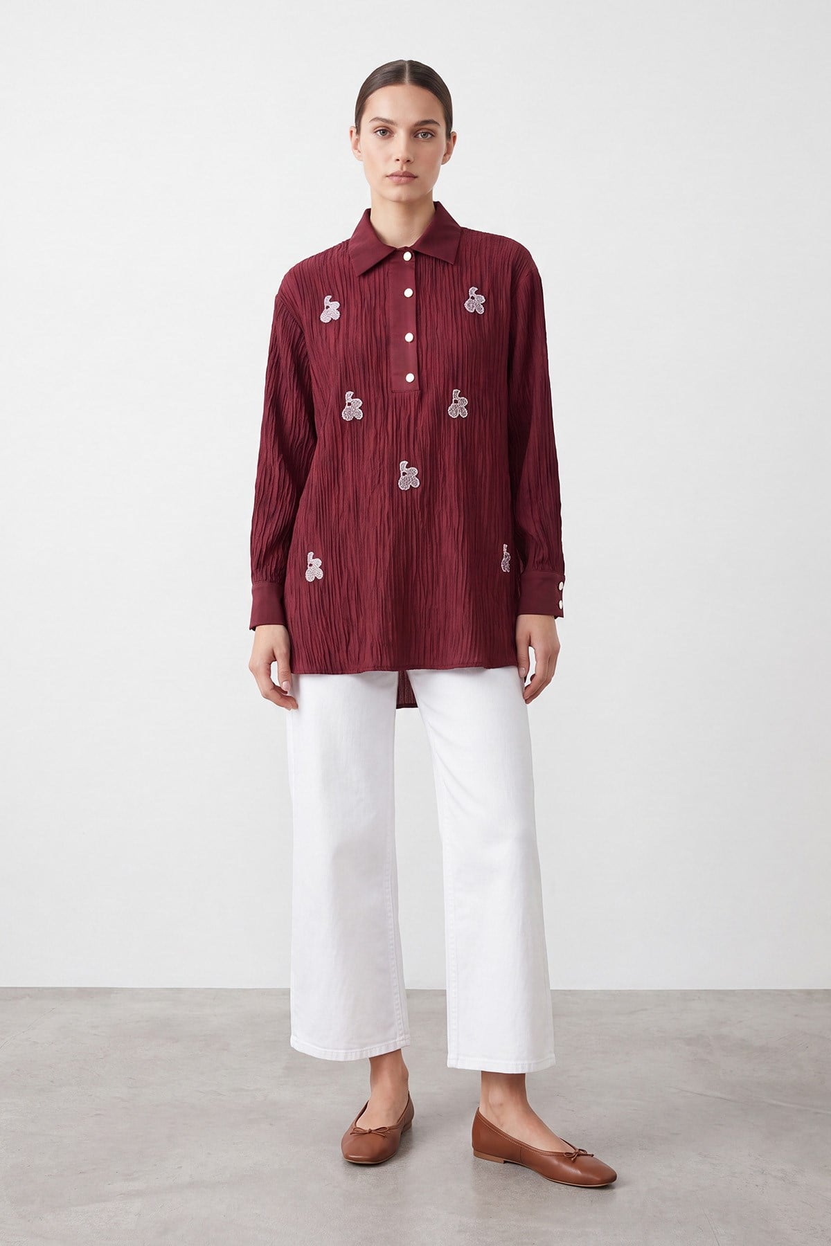 Nakış Detaylı Kırışık Dokulu Tunik -10789TUN - Bordo Tunik Puane 