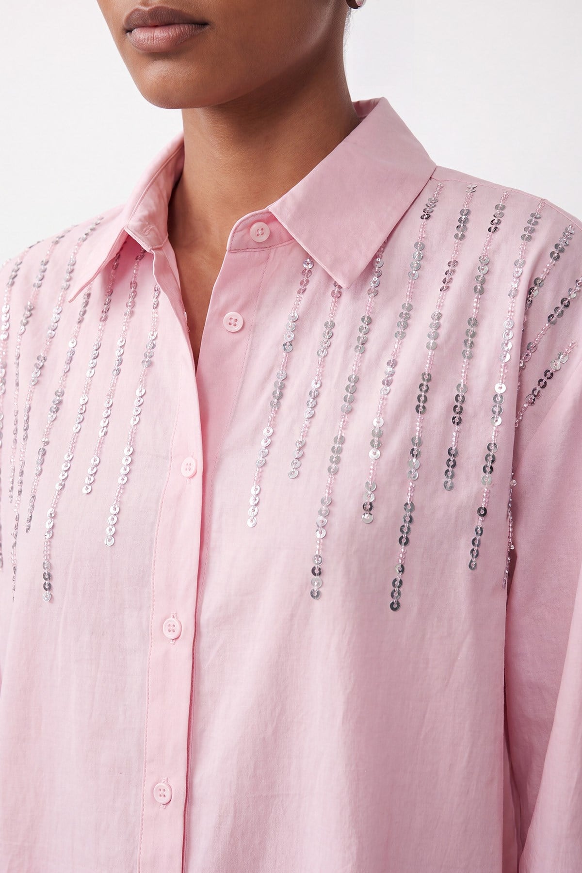 Nakış Detaylı Uzun Kollu TENCEL Gömlek - Pembe Gömlek Puane 