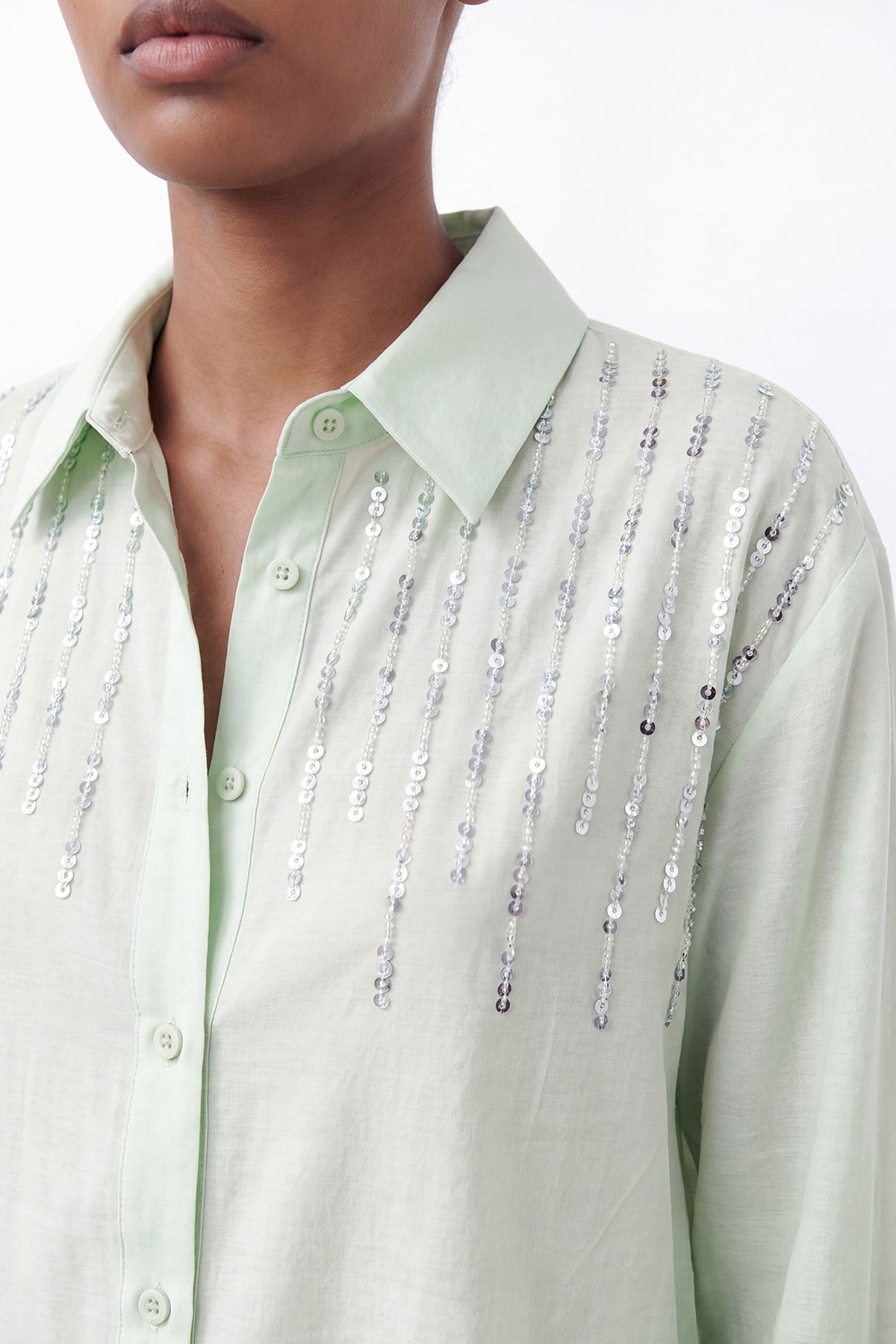 Nakış Detaylı Uzun Kollu TENCEL Gömlek - Mint Yeşili Gömlek Puane 
