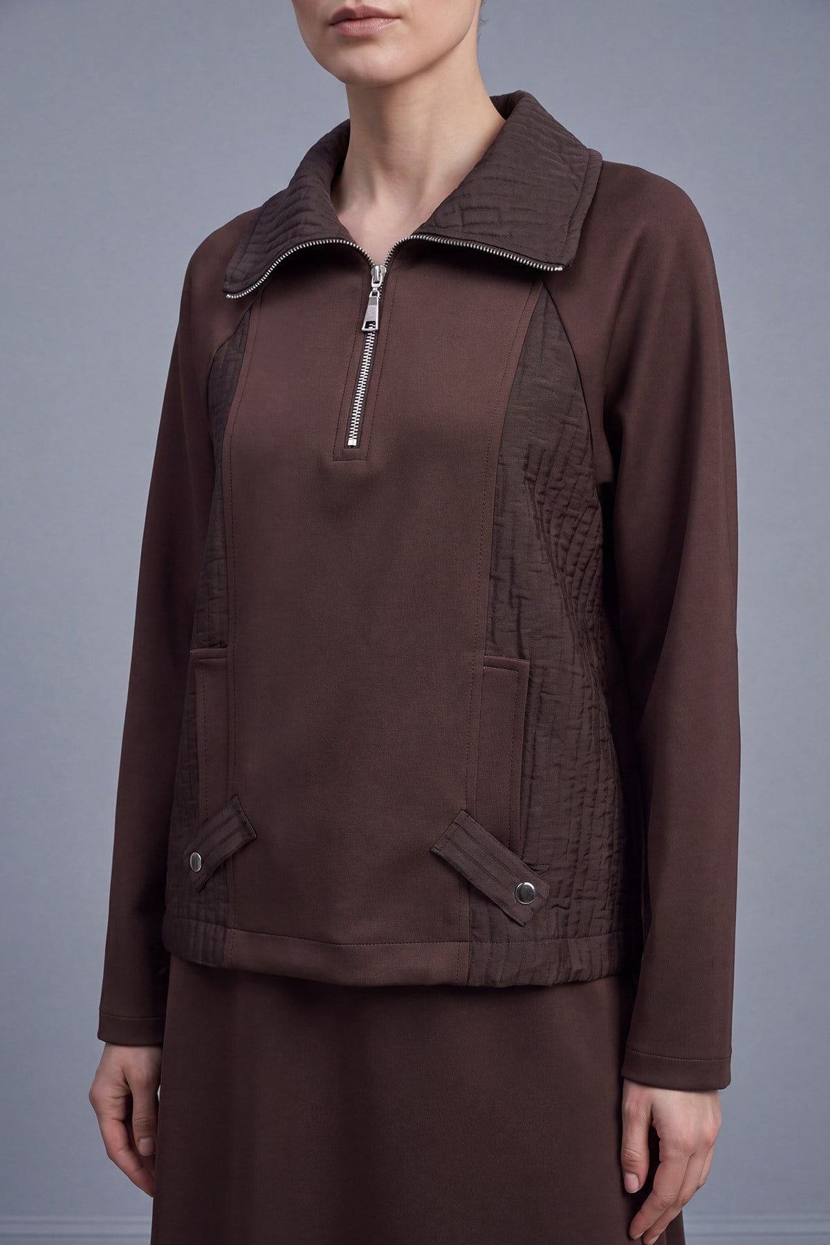 Polo Yaka Fermuarlı Sweatshirt Etek Takım Kahverengi İkili Takımlar Puane 