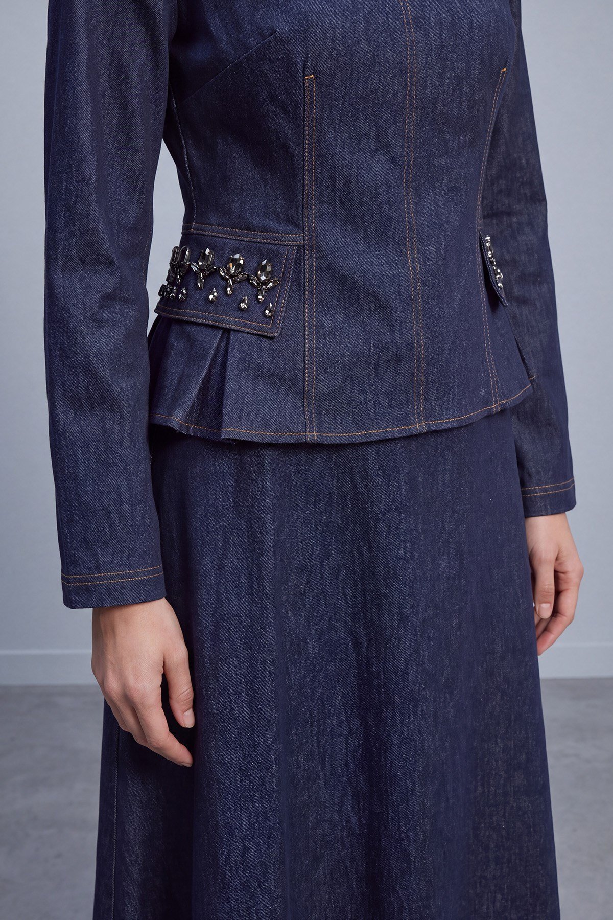 Taş Cep Detaylı Peplum Bluz Etek Denim Takım Lacivert İkili Takımlar Soul 