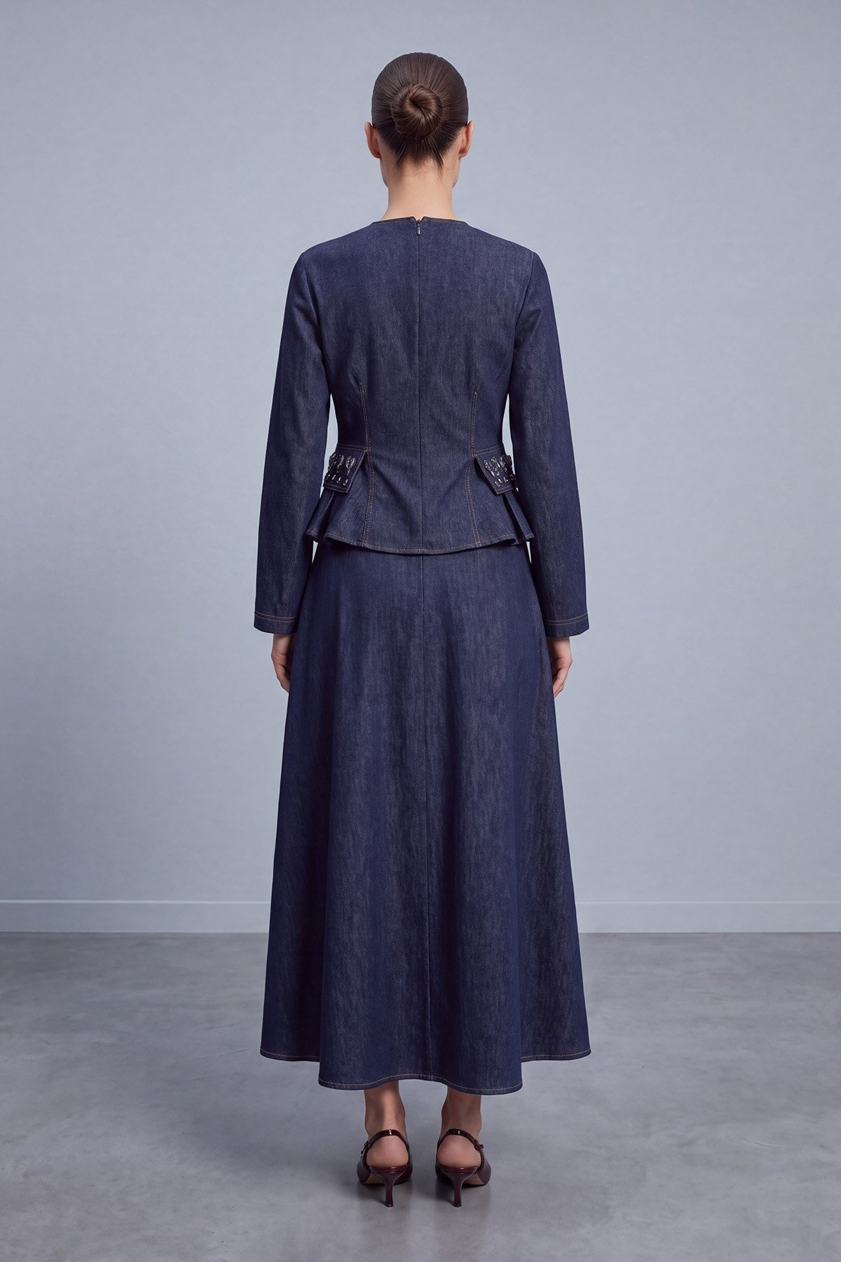 Taş Cep Detaylı Peplum Bluz Etek Denim Takım Lacivert İkili Takımlar Soul 