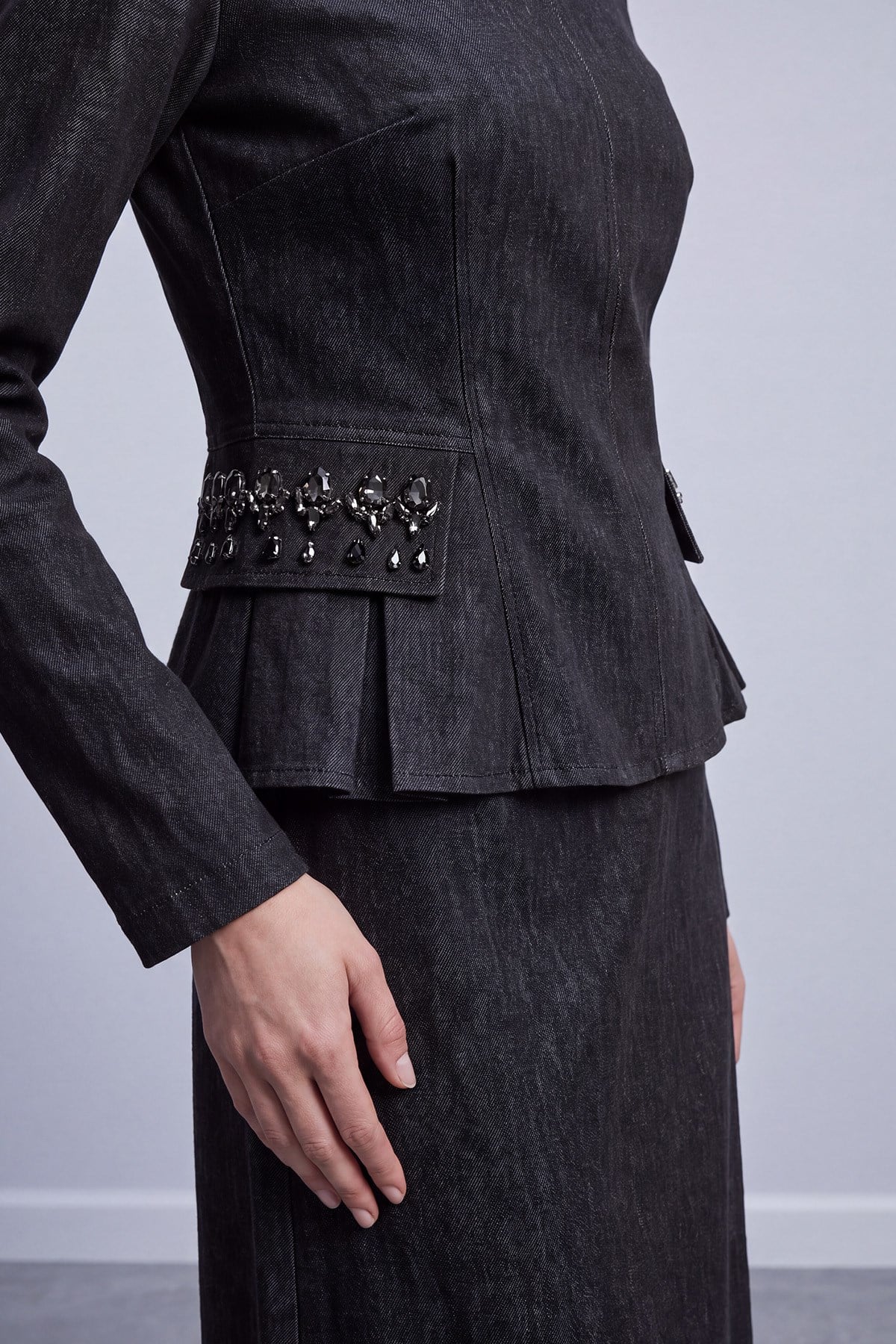Taş Cep Detaylı Peplum Bluz Etek Denim Takım Siyah İkili Takımlar Soul 