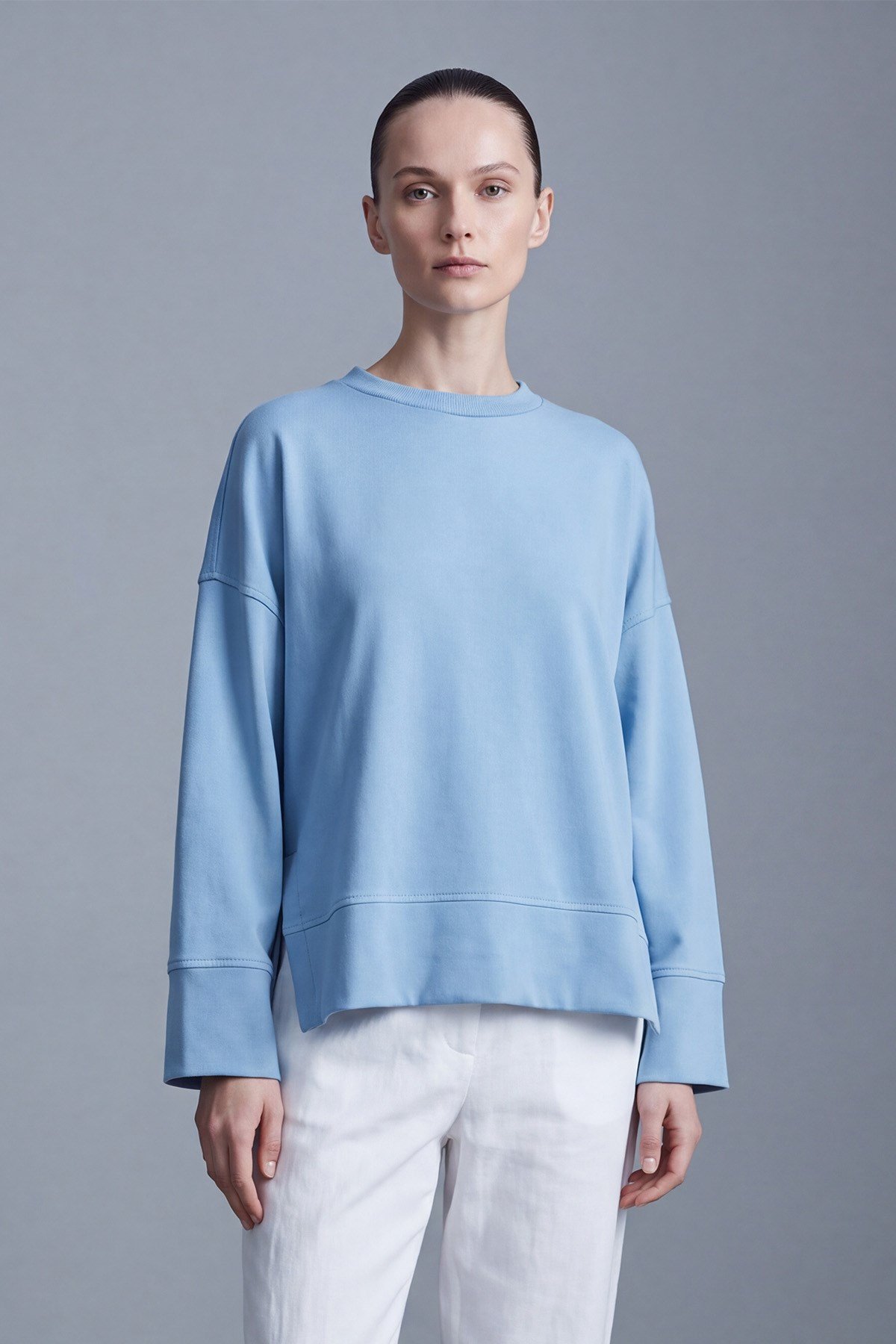 Yırtmaçlı Yuvarlak Yaka Sweatshirt Açık Mavi Bluz Soul 