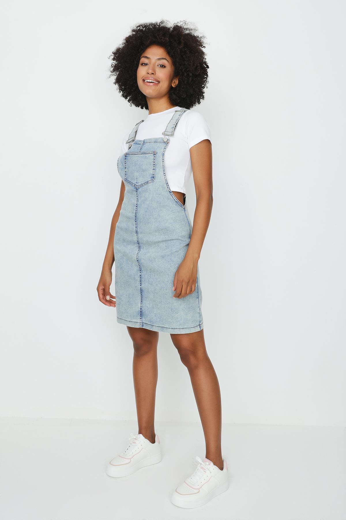 Kadın Askılı Denim Salopet Elbise