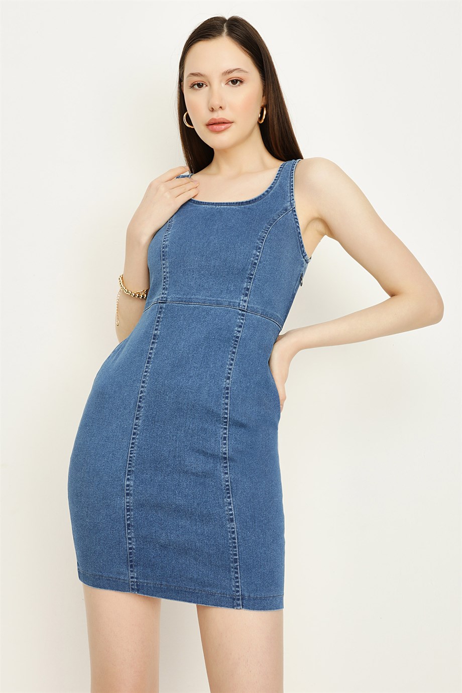 Kadın Askılı Mini Denim Elbise