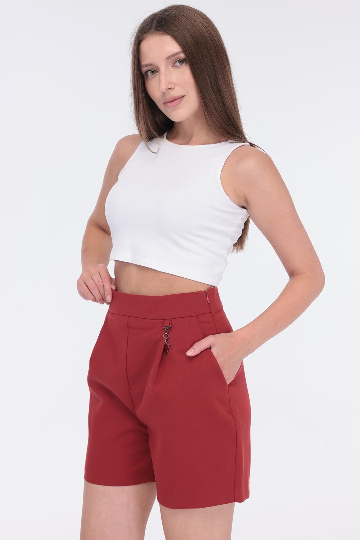 Kadın Bordo Yüksek Bel Kumaş Şort