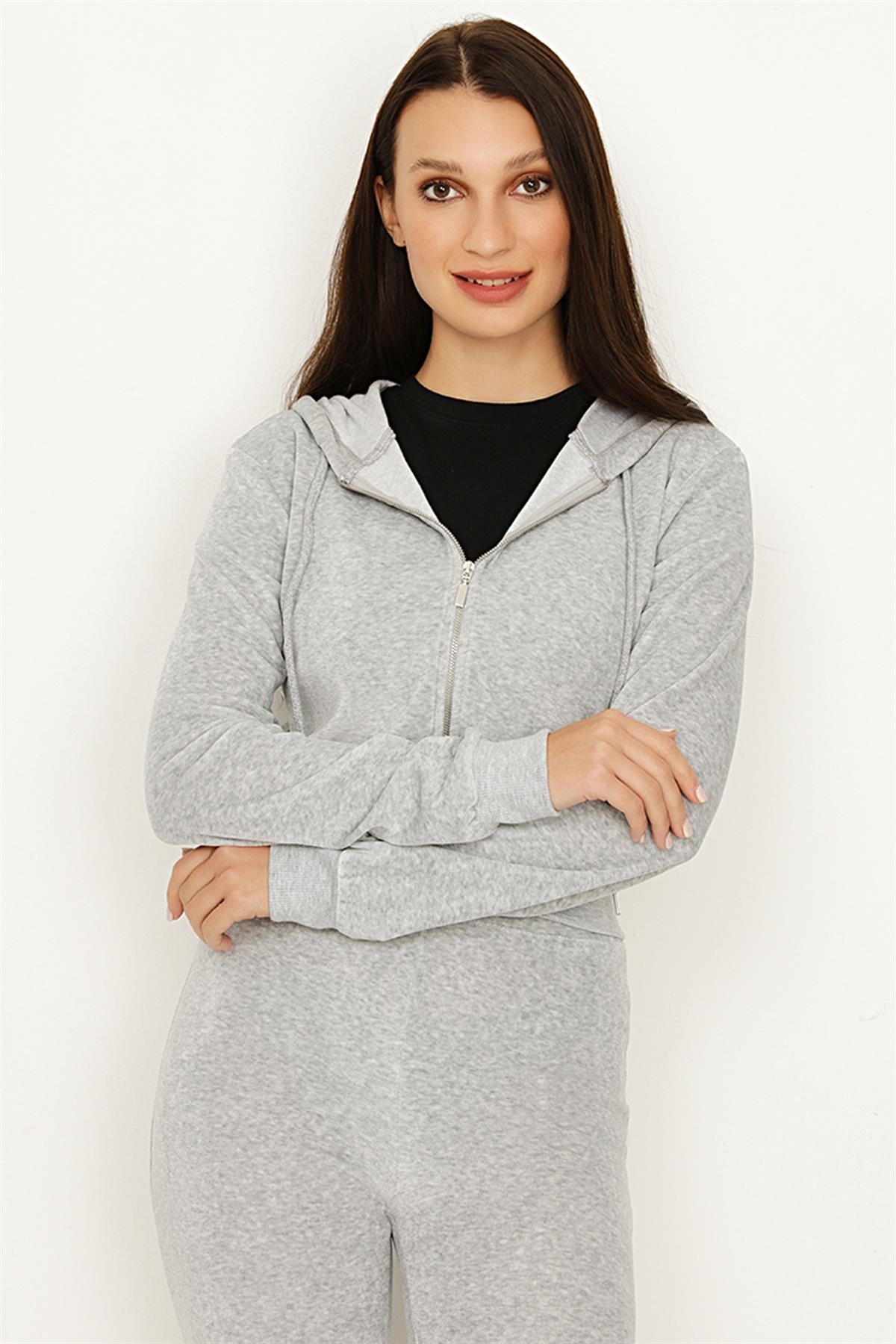 Kadın Camel Kadife Kapüşonlu Fermuarlı Crop Sweatshirt
