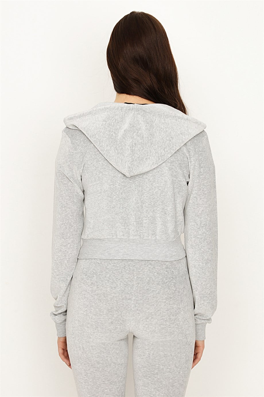 Kadın Camel Kadife Kapüşonlu Fermuarlı Crop Sweatshirt