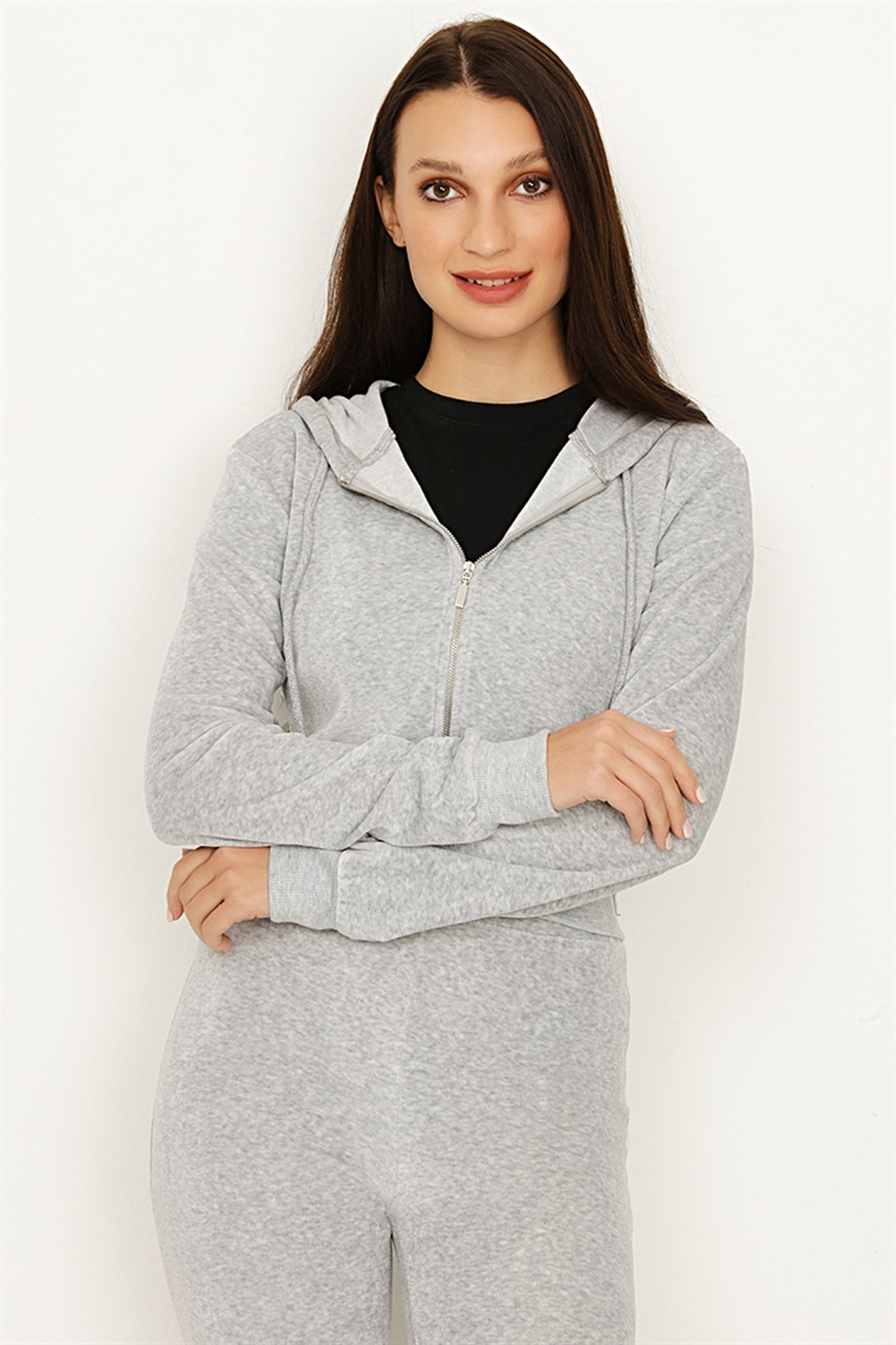 Kadın Camel Kadife Kapüşonlu Fermuarlı Crop Sweatshirt