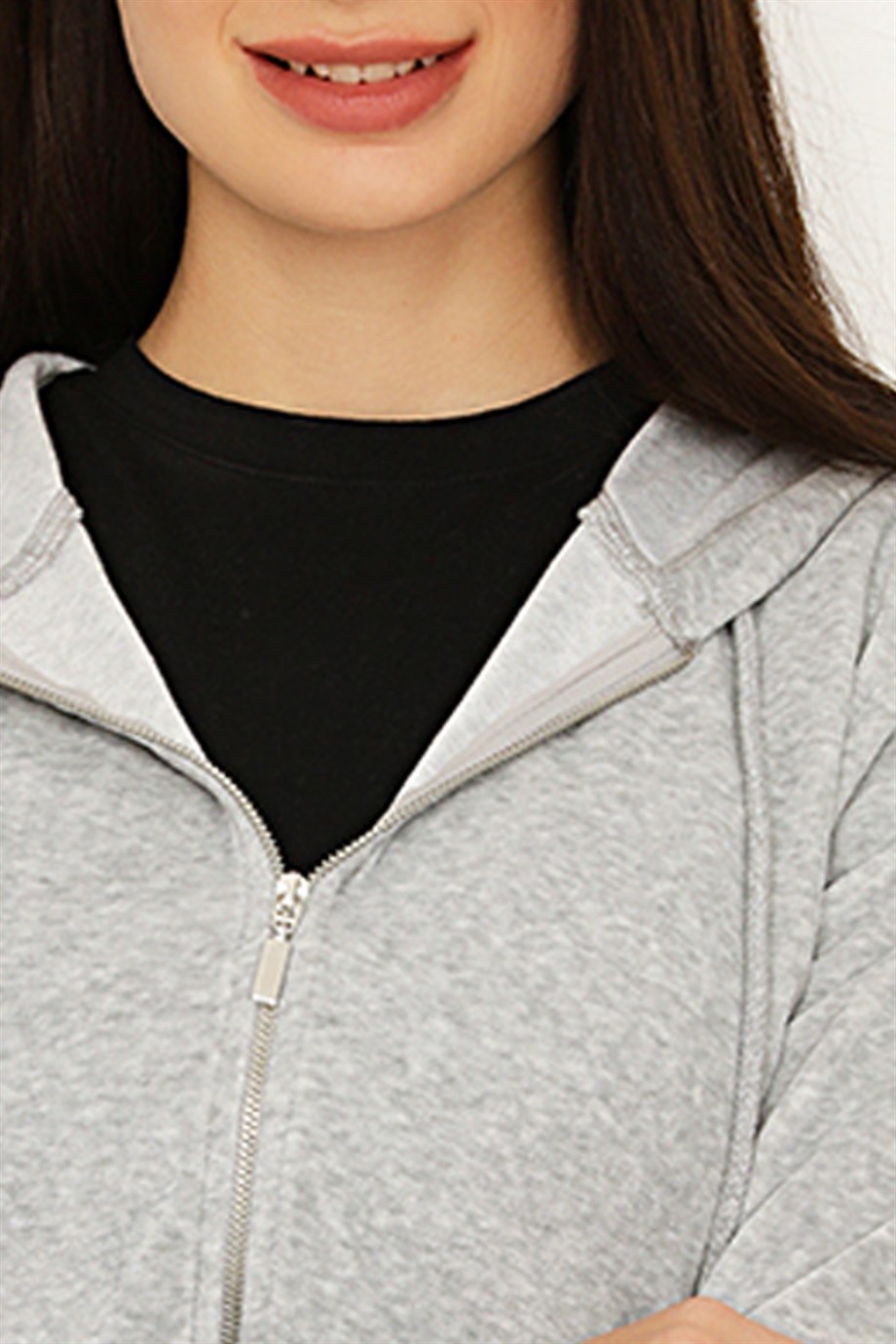 Kadın Camel Kadife Kapüşonlu Fermuarlı Crop Sweatshirt
